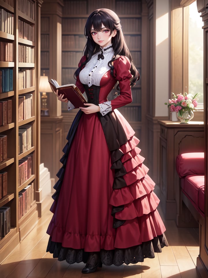 8k, masterpiece, highly detailed, high quality,1girl wearing a magenta dress, (victorian dress), <lora:victorian_dress-SD-2.0:1> (black hair), ringlets, magenta eyes, full body, head tilt, holding a book, library, (black lace), wood shelves, seductive smile, wooden floor, dark brown timber, bookshelf, layered dress, bustle, against shelf, satin