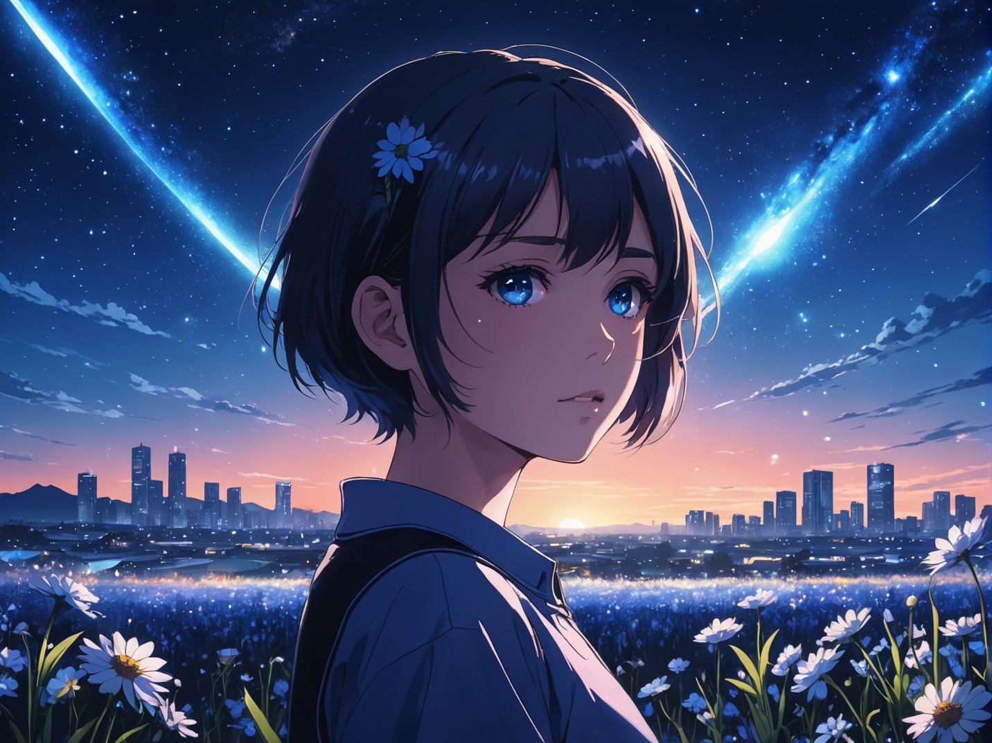 anime girl, night, blue light behind her,  ((Galaxy, Lens flare)), short hair, flower field, night sky, cinematic shot. Wallpaper. (Blue color schema), detailed background, a city in the distance
