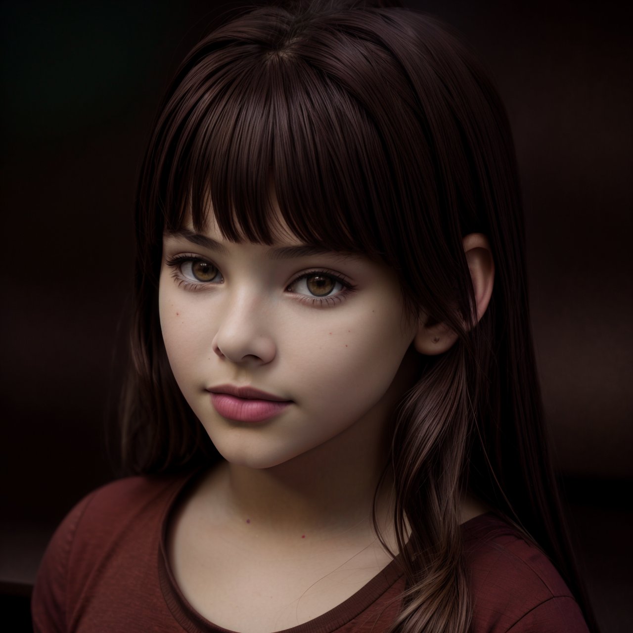 (masterpiece:1.3), dolly short, close up of charming (AIDA_LoRA_LG2014:1.05) <lora:AIDA_LoRA_LG2014:0.72> wearing a red t-shirt, little girl, pretty face, intimate, cinematic, studio photo, studio photo, kkw-ph1, hdr, f1.8, (colorful:1.1), (deep brown background:1.5)