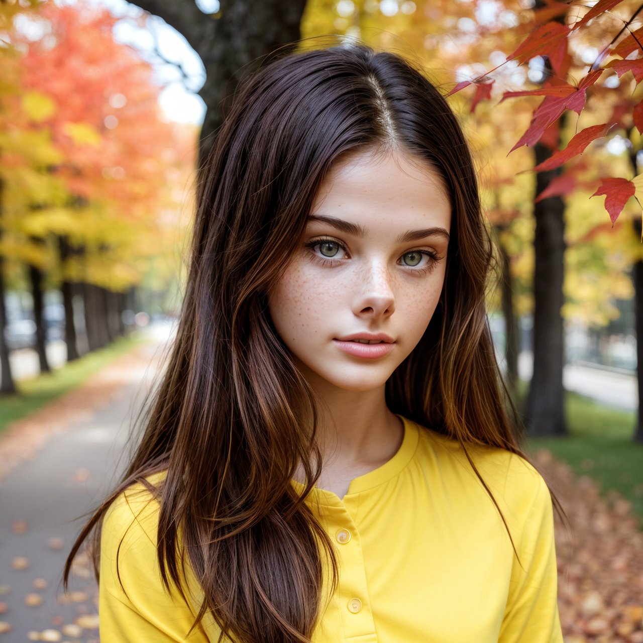 extra resolution looking at viewer, profile of stunning (AIDA_LoRA_MeW2016:1.03) <lora:AIDA_LoRA_MeW2016:0.99> in (simple yellow shirt:1.1), [little girl], glossy skin with visible pores and freckles, pretty face, self-assurance, dramatic, insane level of details, intricate pattern, kkw-ph1, (colorful:1.1), (in the autumn the park:1.1), (falling leaves:1.1), (red and yellow trees:1.1), sunlight, outdoors