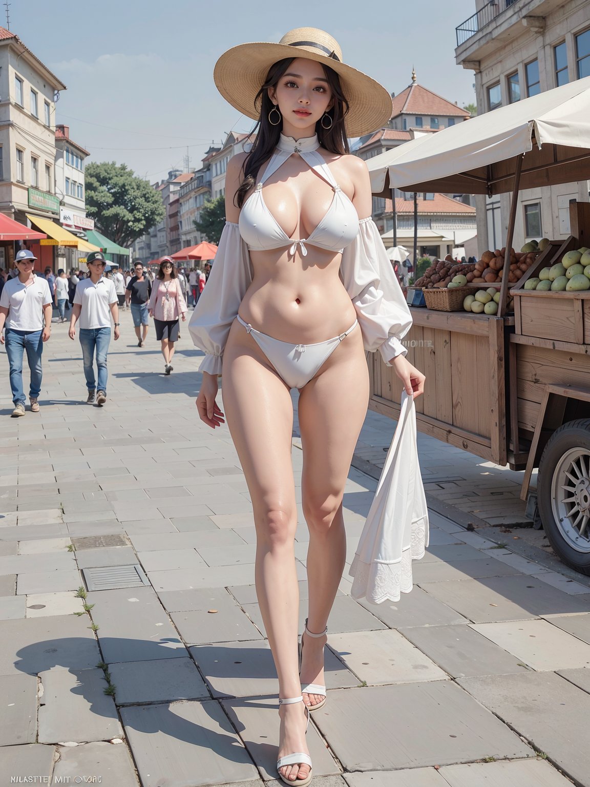 (masterpiece, best quality, photo-realistic, ultra-high definition resolution, level out:2.0), (laughing, smiling:1.1), (brown eyes, k-pop idol, korean beauty:1.4), (20-year-old girl:2.0), (aesthetical, stylish), (gigantic breast, narrow waist, wide hips:1.6), (full body:1.4), (Cultural wonders of Istanbul - Modest clothing, comfortable shoes, and a hat for sun protection while exploring historic landmarks, bustling markets, and diverse neighborhoods in Istanbul.:1.4)