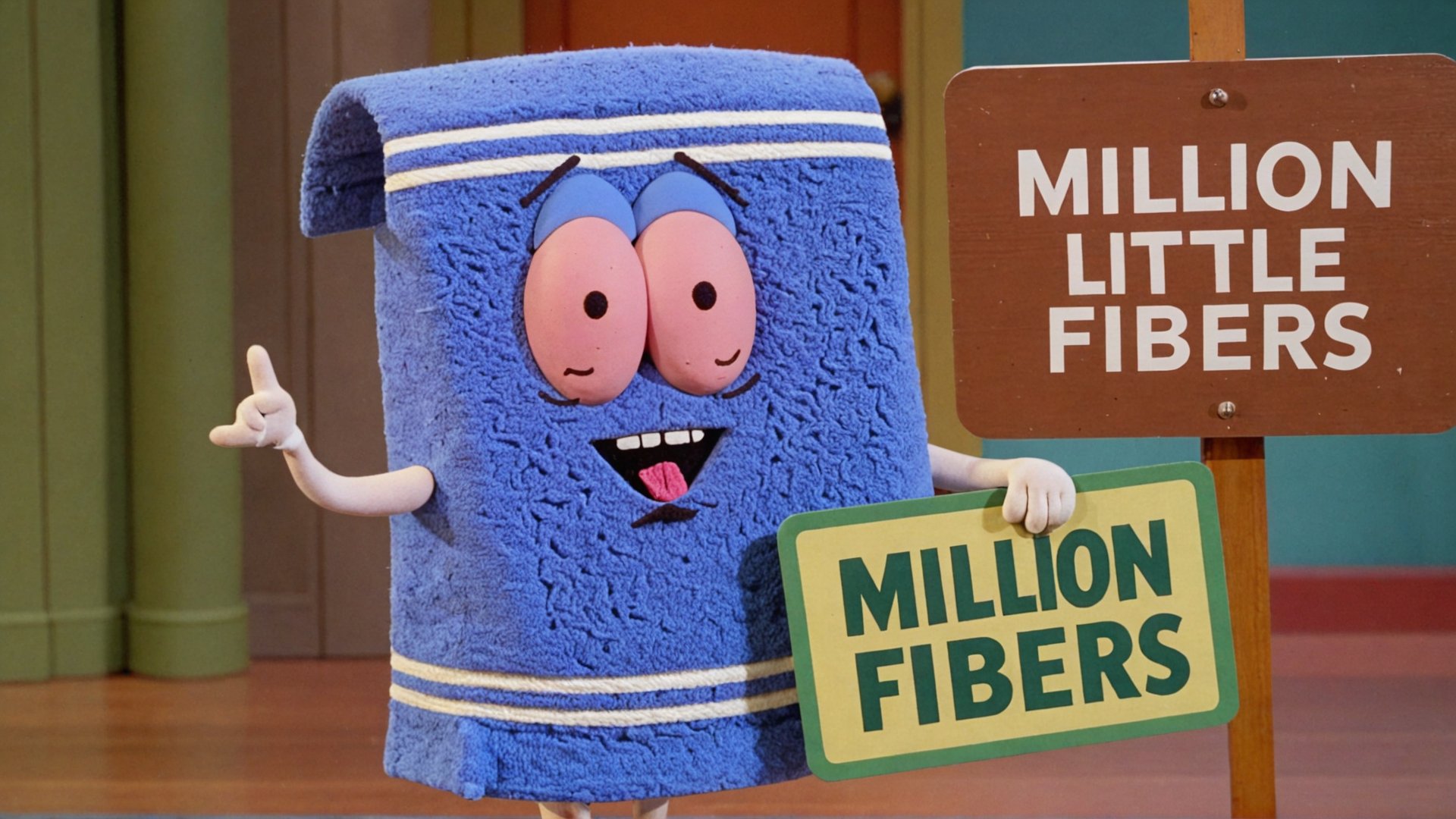 Photo of Towelie with a mustache on Oprah show with a sign that says "million little fibers" <lora:Towelie_v420:0.8>