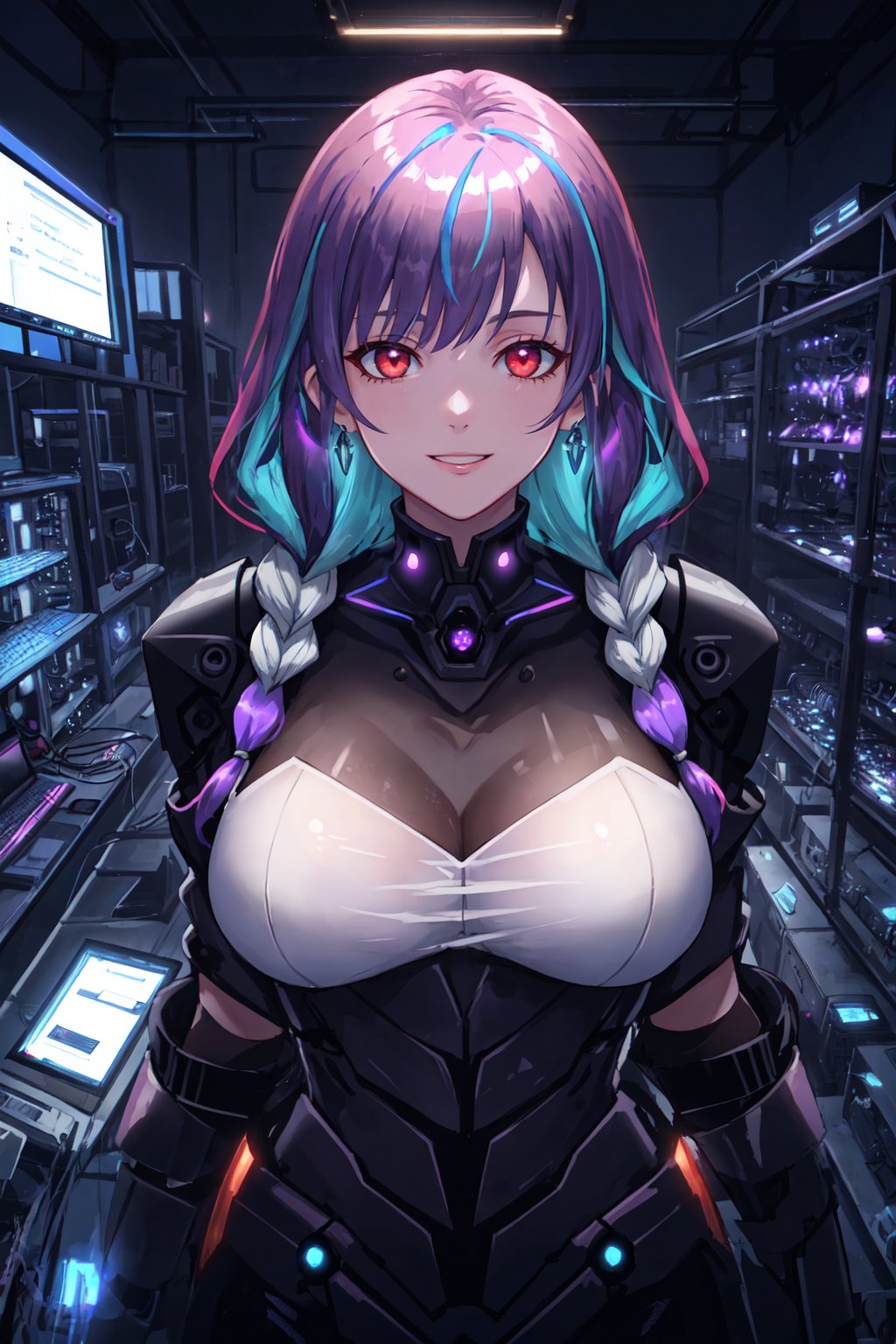 (masterpiece, best quality, ), upper body, 1girl, (complex ultra detailed of a demon woman, large breasts, muscles, (wearing see-through holographic prismatic latex exoskeleton Poncho)), (solo), (1girl), intricate details, glowing red eyes , evil smile, (purple hair long hair twin braids), dynamic pose, dynamic pose in vast complicated village full of computers and wires and screens and machinery, user interface heads-up display, glass tube laboratory:, manuscript sage illustration, 4k, ultra detailed, octane render, directional lighting, realistic shadows, volumetric lighting, highly detailed, high quality, solo, dark studio, rim lighting, two tone lighting, dimly lit, extremely detailed, 32K UHD, absurdres, super-resolution, Canon EOS MARK IV, 
