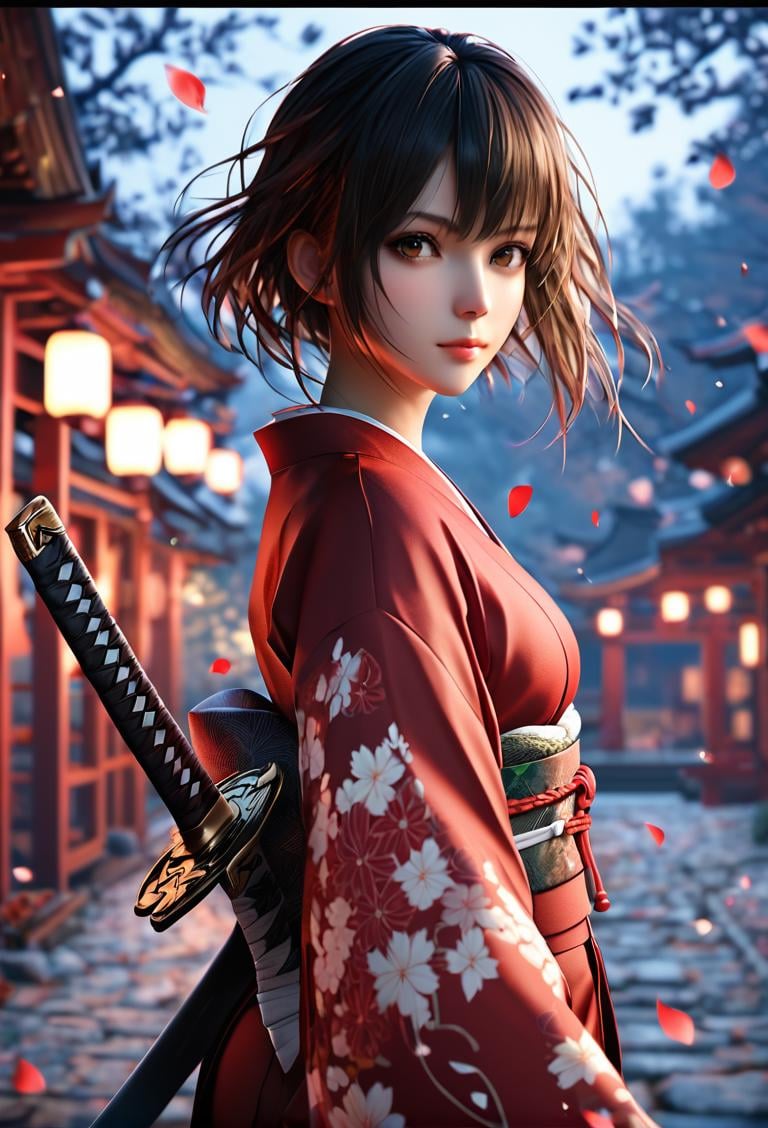 score_9, score_8_up, score_7_up, i want the whole image to be created in 3D anime style, 1girl, solo, looking at viewer, short hair, bangs, brown hair, black hair, long sleeves, holding, brown eyes, closed mouth, weapon, outdoors, japanese clothes, sword, wide sleeves, kimono, holding weapon, blurry, from side, tree, sash, petals, night, depth of field, blurry background, holding sword, obi, floral print, katana, letterboxed, sheath, hakama, lantern, red kimono