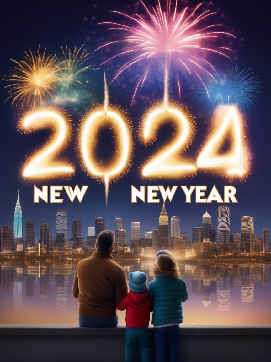 A family watches fireworks explode over a city skyline,with a sign that says ("New year 2024":1.9) marking the beginning of the new year,realistic,best quality,