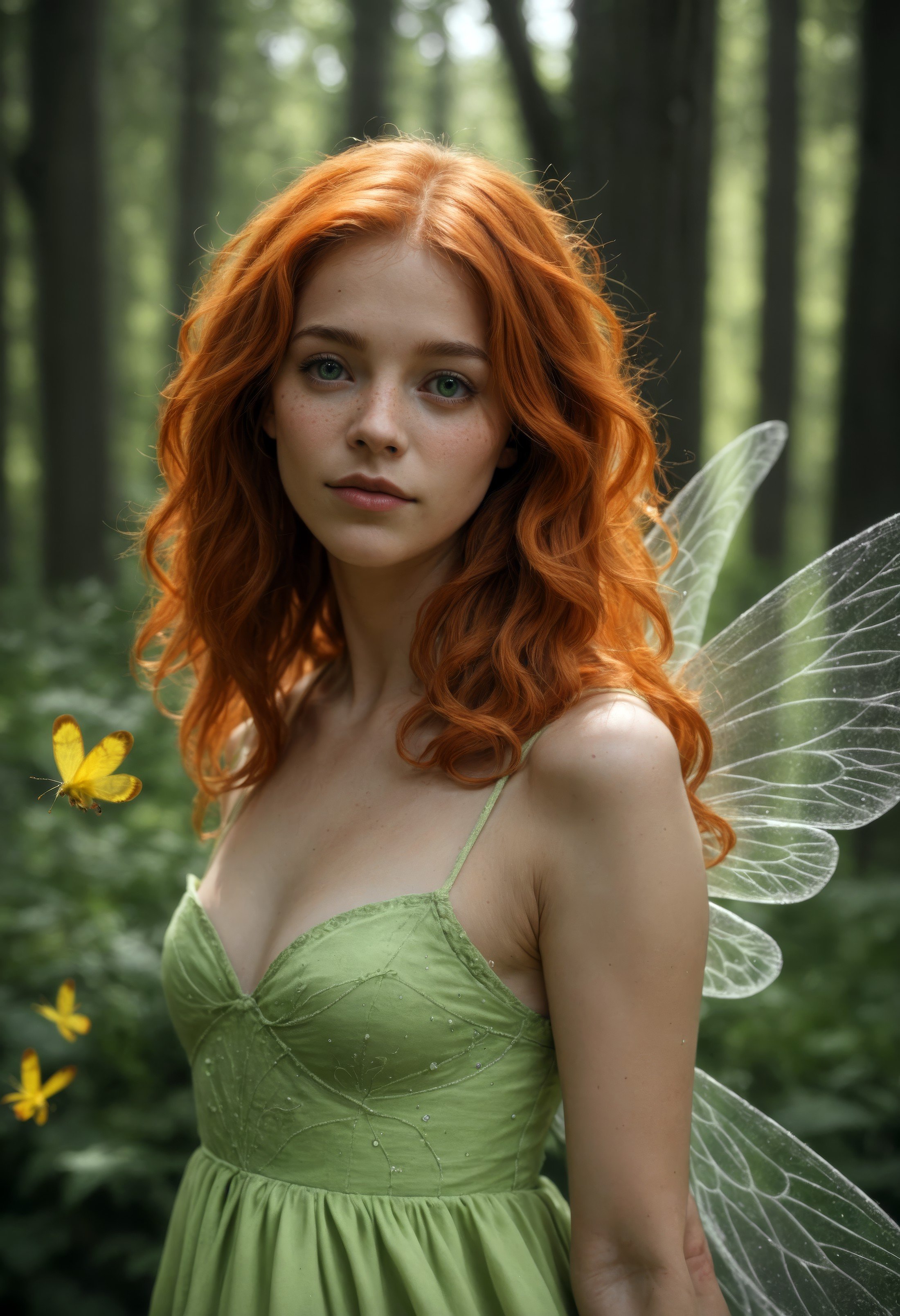 score_9, score_8_up, score_7_up, masterpiece, source_photo, (realistic:1.4), very aesthetic, best quality, absurdres, (rating_safe), detailed face and eyes, fairy with wings, ginger hair, messy hair, dress, fireflies, forest, green eyes, (freckles:0.8)