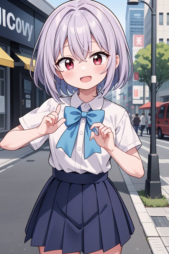 insanely detailed, absurdres, ultra-highres, ultra-detailed, best quality,1girl, solo, nice hands, perfect handsBREAKsummer school uniform with indigo blue bowtie, (short sleeves, dark blue skirt, pleated skirt:1.3), (indigo blue:1.3) bowtie, (white shirt:1.3), shirt with white button, (skirt with many pleats:1.4), plain shirt, plain skirt, (striped bowtie:1.3), shirt_tucked_in, (cleavage:-1.5)BREAKhappy smile, laugh, open mouthBREAK(45 angle:-1.5), (from side:-1.5),standing, cowboy shot, looking at viewerBREAKslender, kawaii, perfect symmetrical face, ultra cute girl, ultra cute face, ultra detailed eyes, ultra detailed hair, ultra cute, ultra beautifulBREAKin street, cityscape in akihabara, depth of field, ultra detailed backgroundBREAKmedium breastsBREAK(purple hair, red eyes), very short hair, hair between eyes