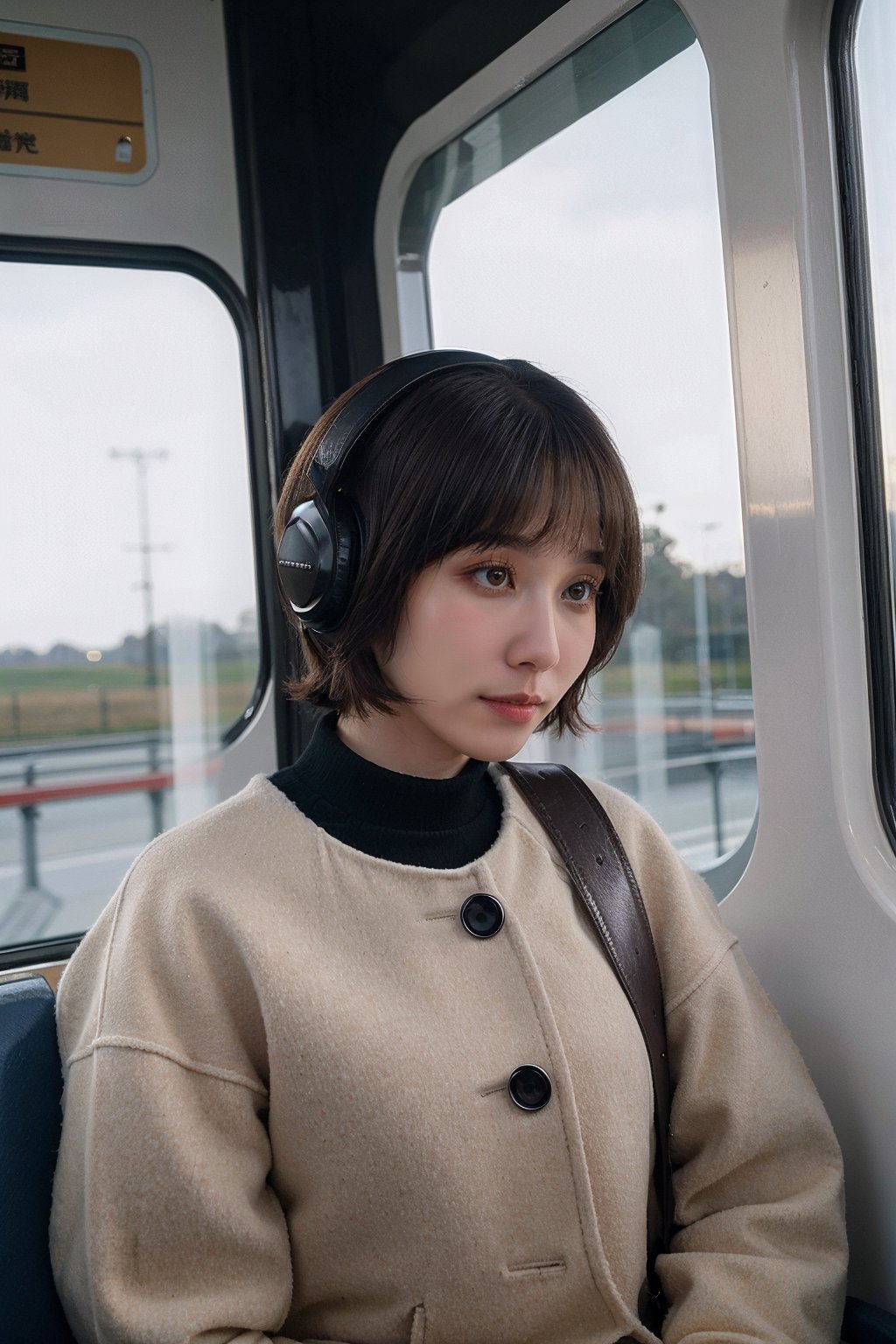 <lora:ExAttnWoo_V2aa_Locon:1>, medium shot, front view, realistic photo of ExAttnWoo, a woman, 30 years old, short, wearing a tan jacket with black buttons, wearing large black (headphones:1.1), riding on a train, (masterpiece:1.0), (best quality:1.0), beautiful, (intricate details), unity 8k wallpaper, ultra detailed, cimematic lighting