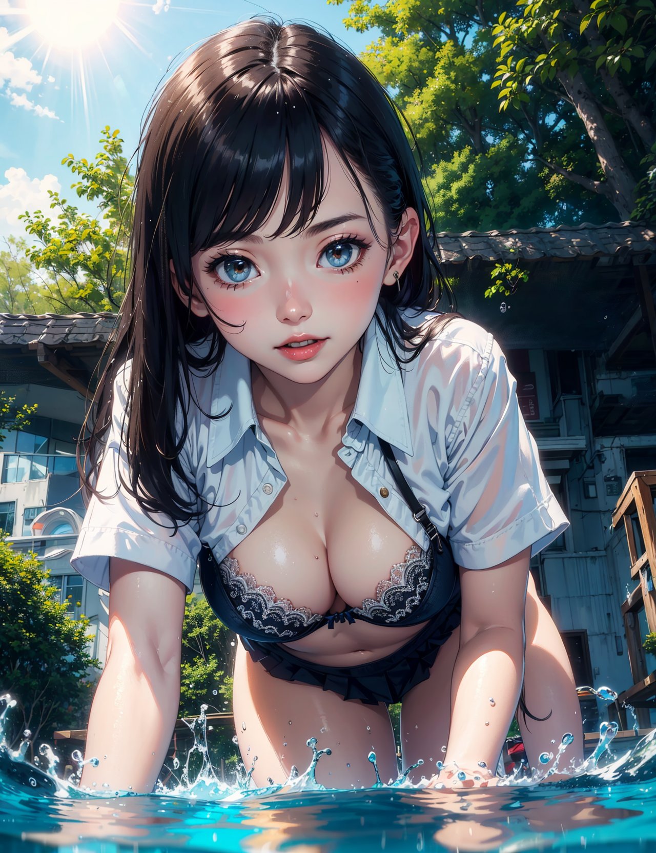 (masterpiece:1.2), (best quality:1.1), (highres:1.1), ultra-detailed,in pool, (school:0.9), detailed background, sun shower, outdoors,1girl, school uniform, bent over, leaning forward, naughty, (bra visible through clothes:1.1), white shirt, floating,HDR, sunlight, (from below:1.1), (in water:1.1),happy