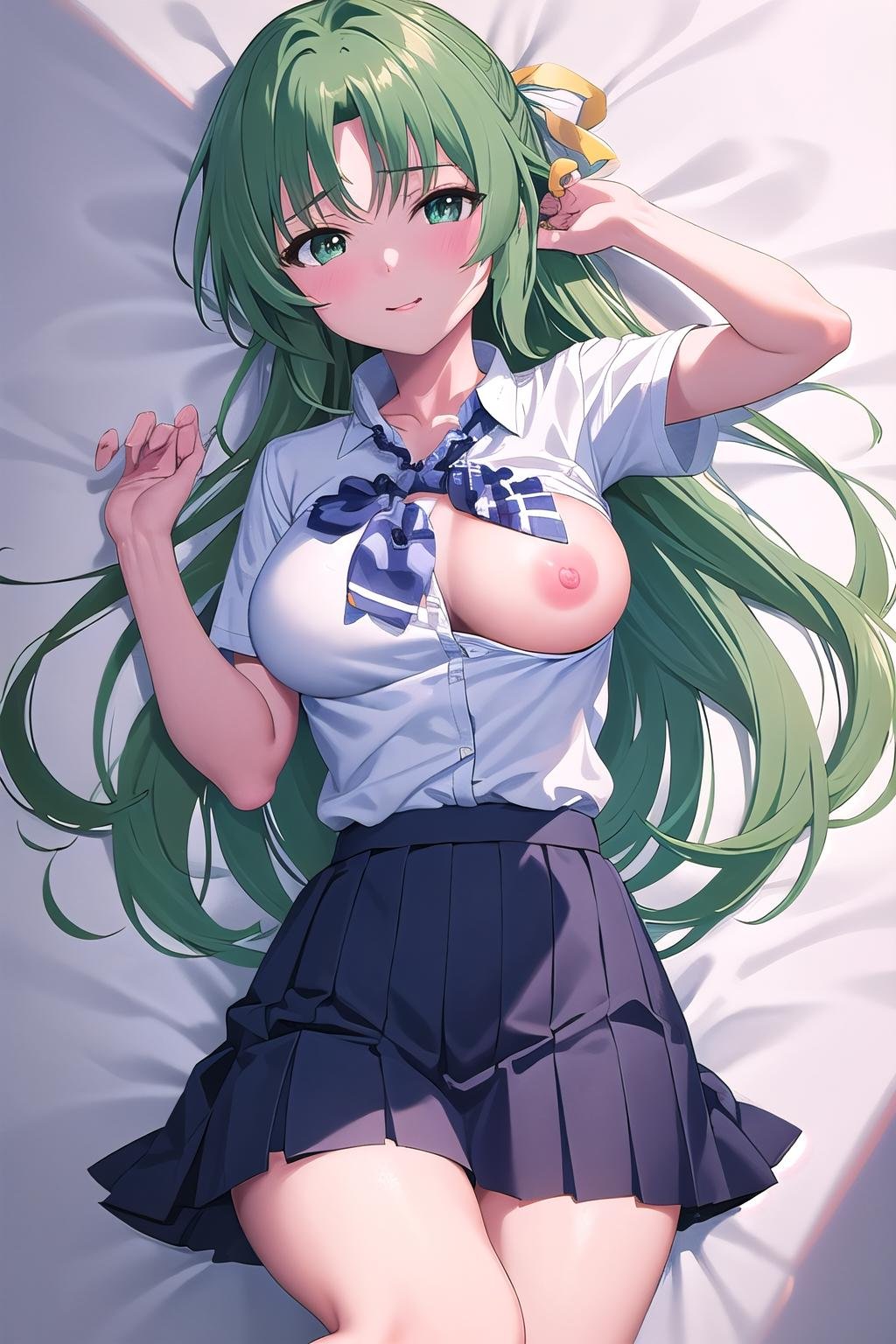 masterpiece, best quality, ultra-high-detailed, one breast out, nipples, 1girl, Sonozaki Shion, green hair, green eyes, long hair, yellow ribbon, white shirt, blue necktie, blue skirt, black kneehighs,