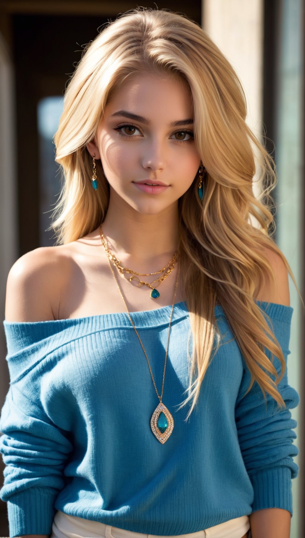 1 woman,22 years old,only,long hair,Looking at viewer,blonde hair,bare shoulders,brown eyes,jewelry,full body,necklace,off shoulders,Sweaters,Realistic,Sexy one,