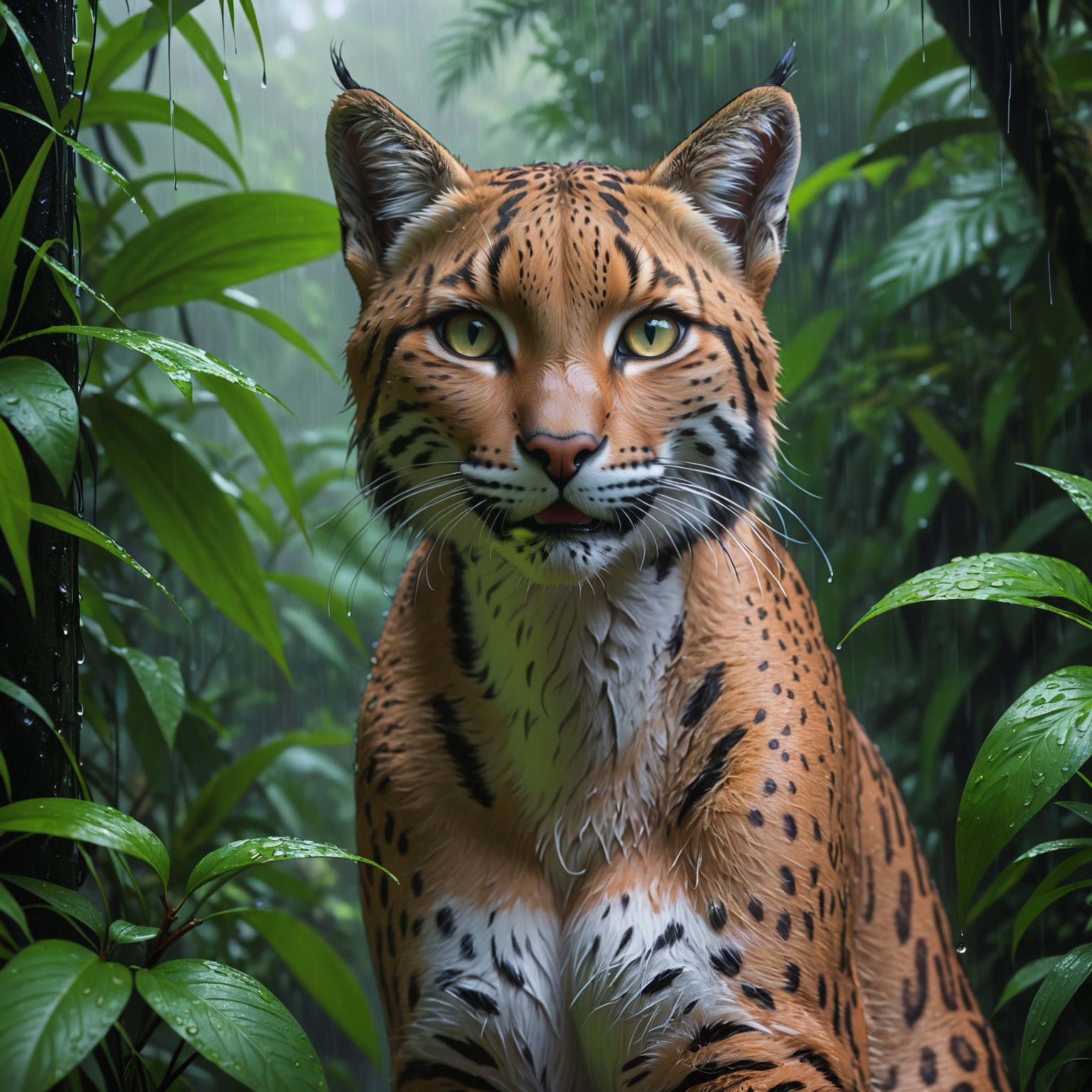 Hyperrealistic art portrait, Female linx, masterpiece, focus on face, outside, scenic, overgrown jungle, rain, wet . Extremely high-resolution details, photographic, realism pushed to extreme, fine texture, incredibly lifelike
