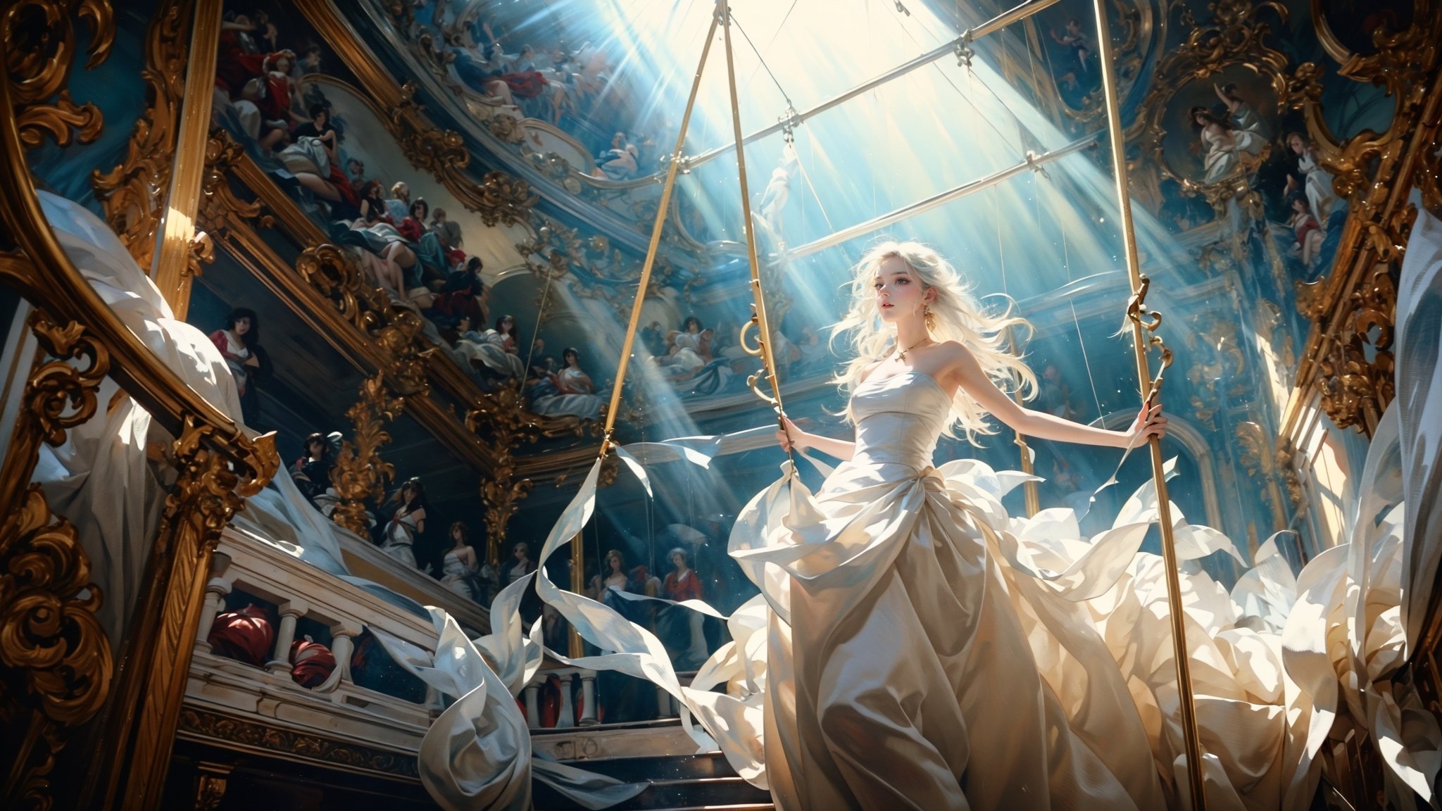 Low Angle shooting, super wide lens,Rococo style，solo, bare shoulders，strapless dress，sunbeam，sunlight，medium breasts,curtains，tree，light rays，reflection，long hair，White hair, babydoll,  (Transparent clothes:1.3),A shot with tension，(Visual impact,giving the poster a dynamic and visually striking appearance:1.2),impactful picture,<lora:绪儿-洛可可油画风 Rococo style:0.8>(Trapeze:1.5),necklace,earrings,