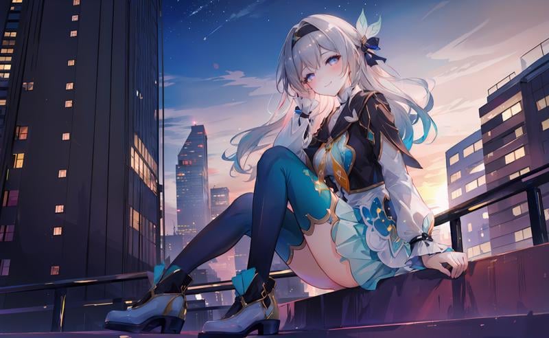 ((masterpiece,best quality)), 1girl, fireflyhsr, hairband, thighhighs, boots, sitting, from side, sunset, cityscape, skyscraper, night sky, railing, smile, blush, depth of field, from below,