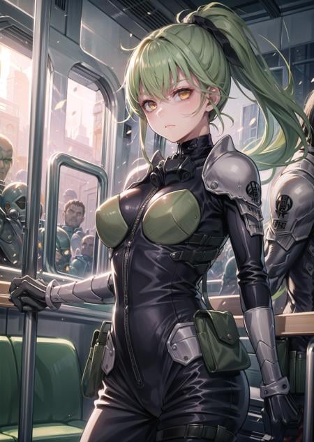 (1girl,dark green hair long hair folded ponytail, orange eyes, <lora:eye-kuma_02:1>, serious) (digital) (in detailed train station, (bodysuit, armor)) , best quality, <lora:boldline:0.2> <lora:hairdetailer:0.2> kaiju8, <lora:kaiju8:1>