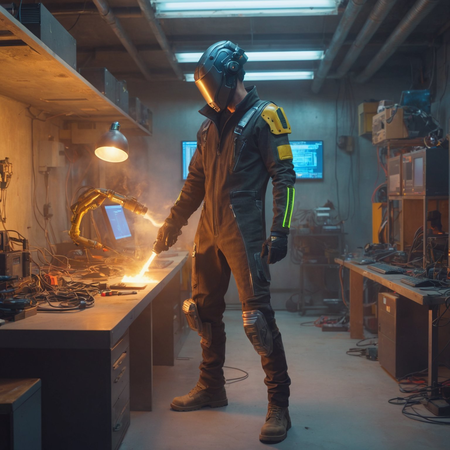 cyberpunk man standing in cybernetics workshop, cyberpunk setting, holding blowtorch and welding, florescent lights, computer, ((futuristic technology)), full body view, soft natural lighting, intricate detail, colorful