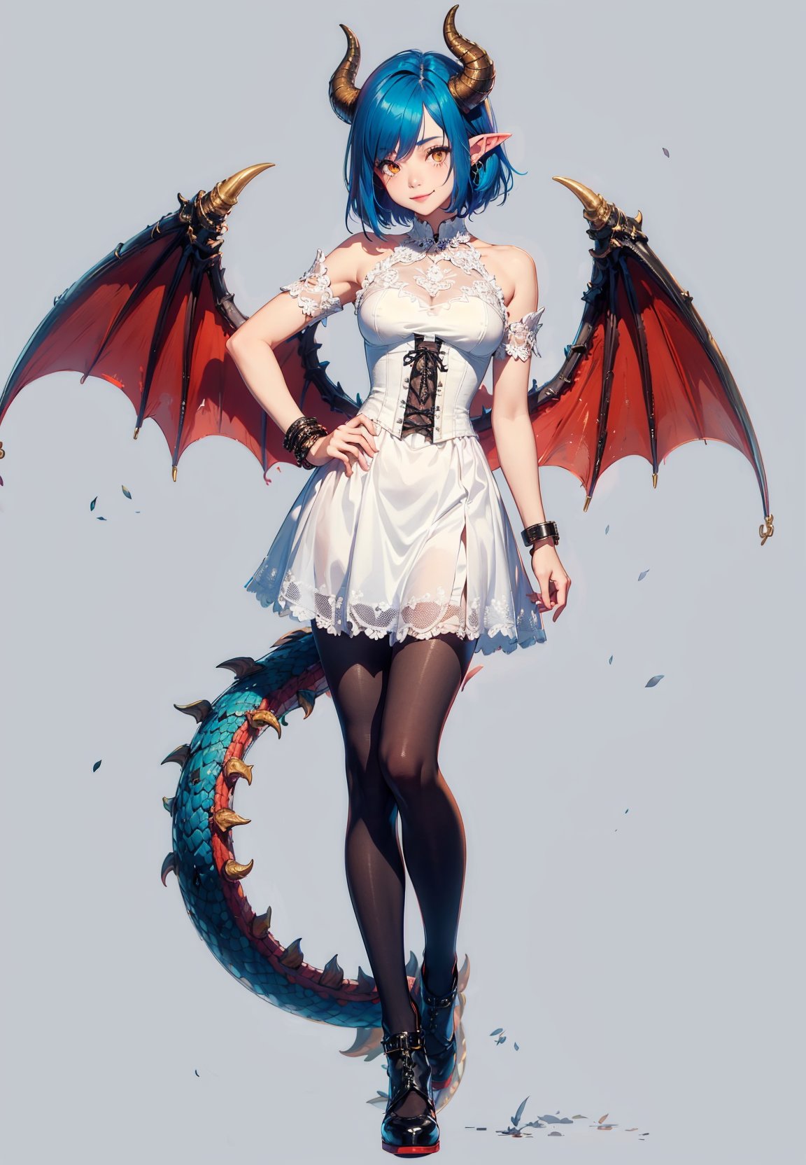 1girl, solo, horns, wings, blue hair, tail, pointy ears, dress, white pantyhose, pantyhose, dragon girl, simple background, orange eyes, hand on hip, demon girl, looking at viewer, short hair, dragon horns, full body, corset, jewelry, standing, dragon wings, yellow eyes, bare shoulders, dragon tail, bracelet, white dress, demon wings, shoes, smile, grey background, brown eyes, demon tail, demon horns