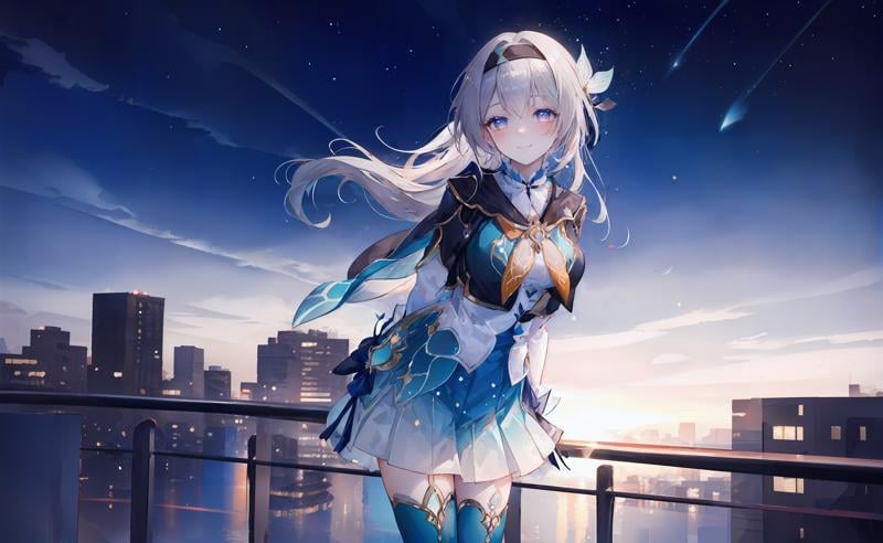 ((masterpiece,best quality)), 1girl, fireflyhsr, hairband, thighhighs, standing, starry sky, railing, floating hair, floating skirt, depth of field, smile, arms behind back, leaning forward, blush,