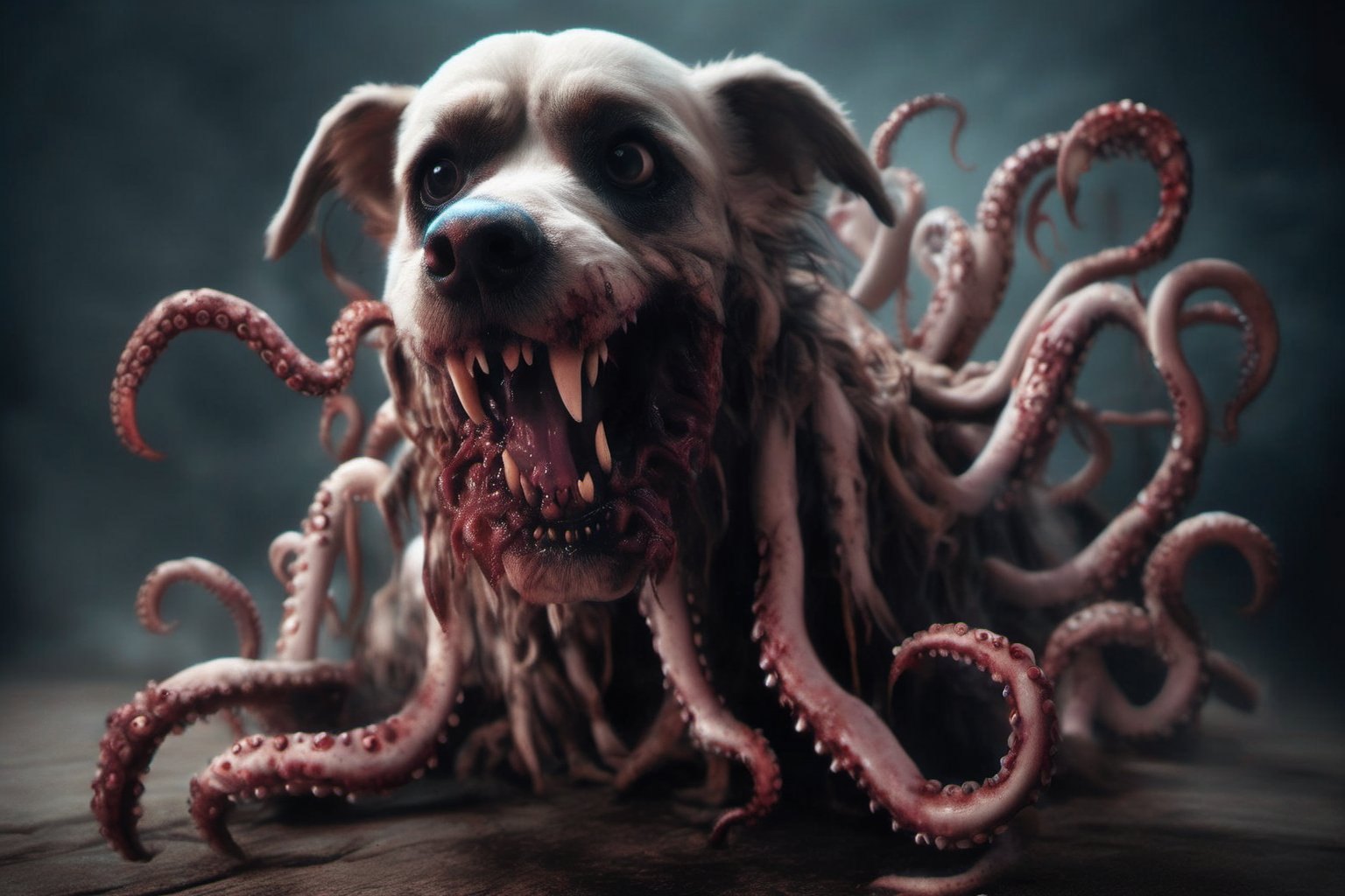 a photo of a terrifying zombie dog with tentacles, scary, horror