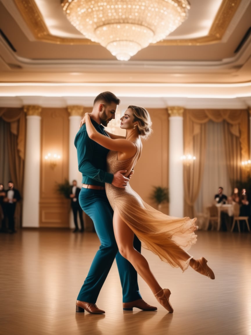 A couple dances in a ballroom, their bodies moving in perfect sync.,realistic,best quality,