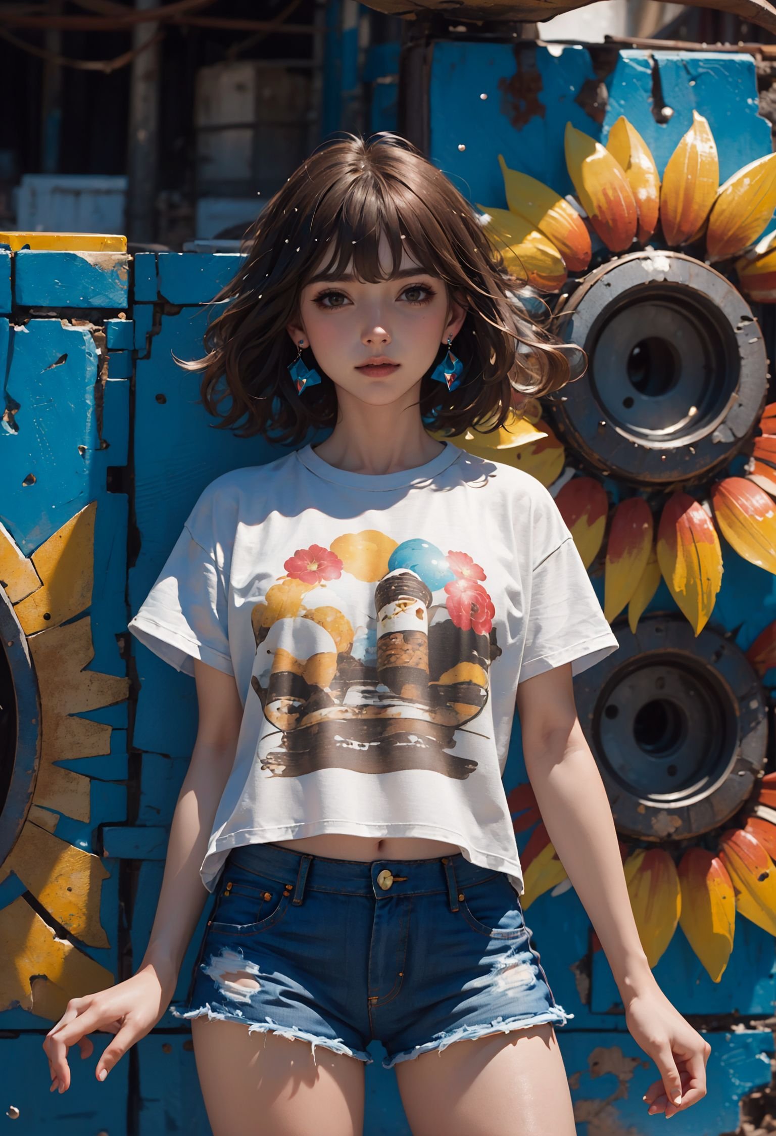 (best quality,official art,beautiful and aesthetic:1.2),(fractal art:1.2),offcial art,colorful,Colorful background,splash of color,movie perspective,advertising style,magazine cover,xuer popsicle,1girl,solo,looking at viewer,blush,short hair,bangs,brown hair,shirt,brown eyes,jewelry,closed mouth,standing,flower,short sleeves,cowboy shot,earrings,food,shorts,black shirt,short shorts,denim,t-shirt,denim shorts,ice cream,sunflower,print shirt,cutoffs,<lora:绪儿-雪糕 xuer popsicle:0.8>,