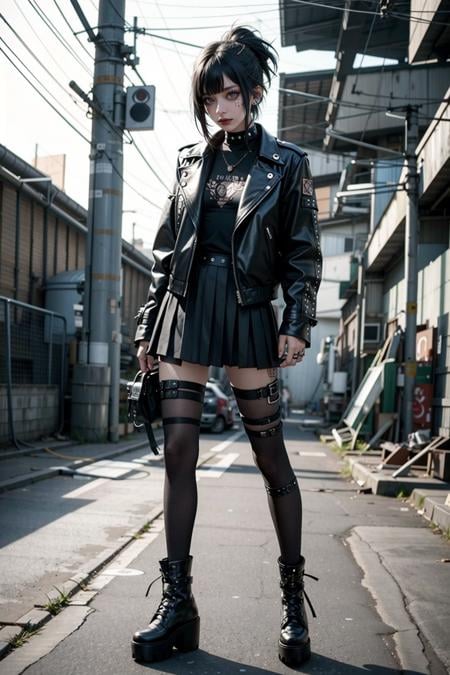 full body, looking at viewer, A goth punk girl in a rugged, industrial setting, wearing a studded leather jacket and tulle skirt, with dramatic makeup and punk hair, confidently posing among decayed machinery, captured with natural lighting and a balance of light and shadow. <lora:Gothpunkgirl-000009:0.7>