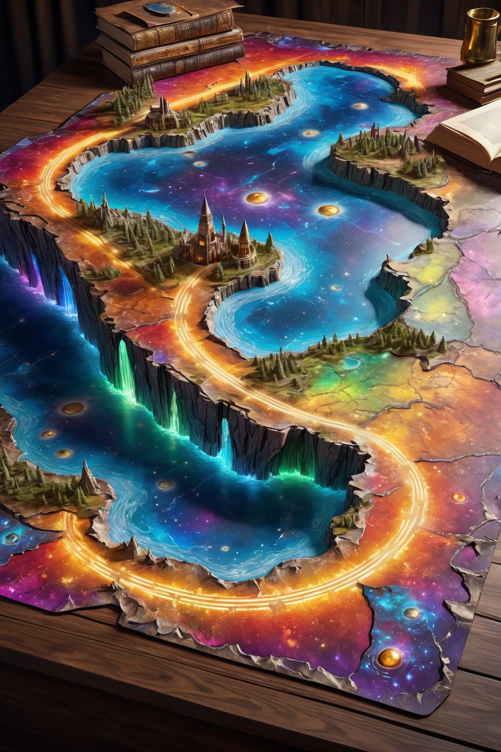 top view of a holographic magical highway map (3 dimensional), torn and worn, map looks to be floating off the paper, sitting on a wizard's desk, magical multicolored ink, high quality, imagination, 8k, fantasy art, vivid magical colors, style-paintmagic