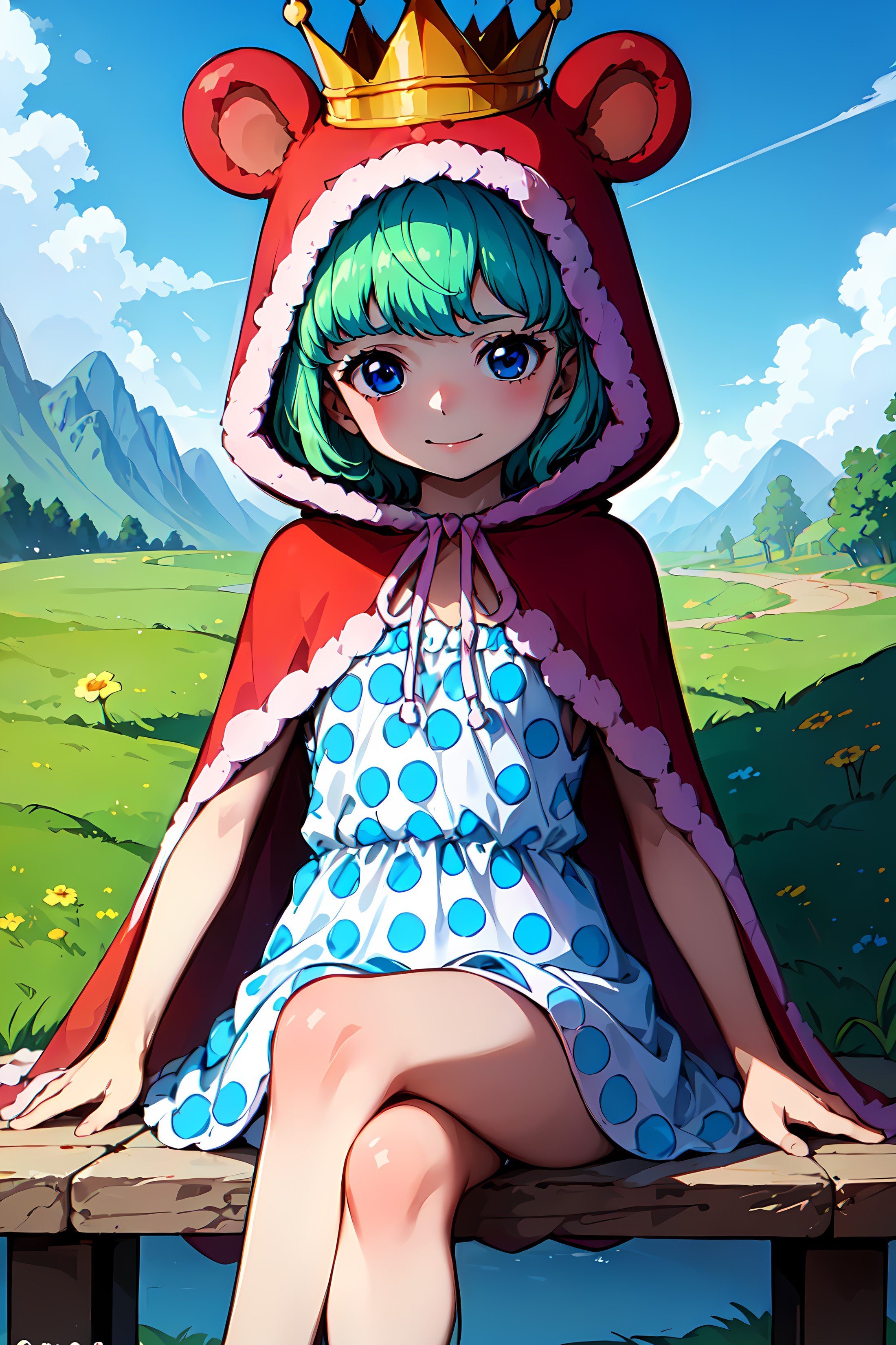 masterpiece, best quality,OPSugar, 1girl, solo,polka dot dress,short dress,crown,green hair,(capelet),sit,crossed legs,smirk,young girl,red animal hood,hood up,blue eyes,flat chest,short hair,pose,outdoors,scenery,sleeveless dress,beautiful scenery,<lora:Sugar:0.7>