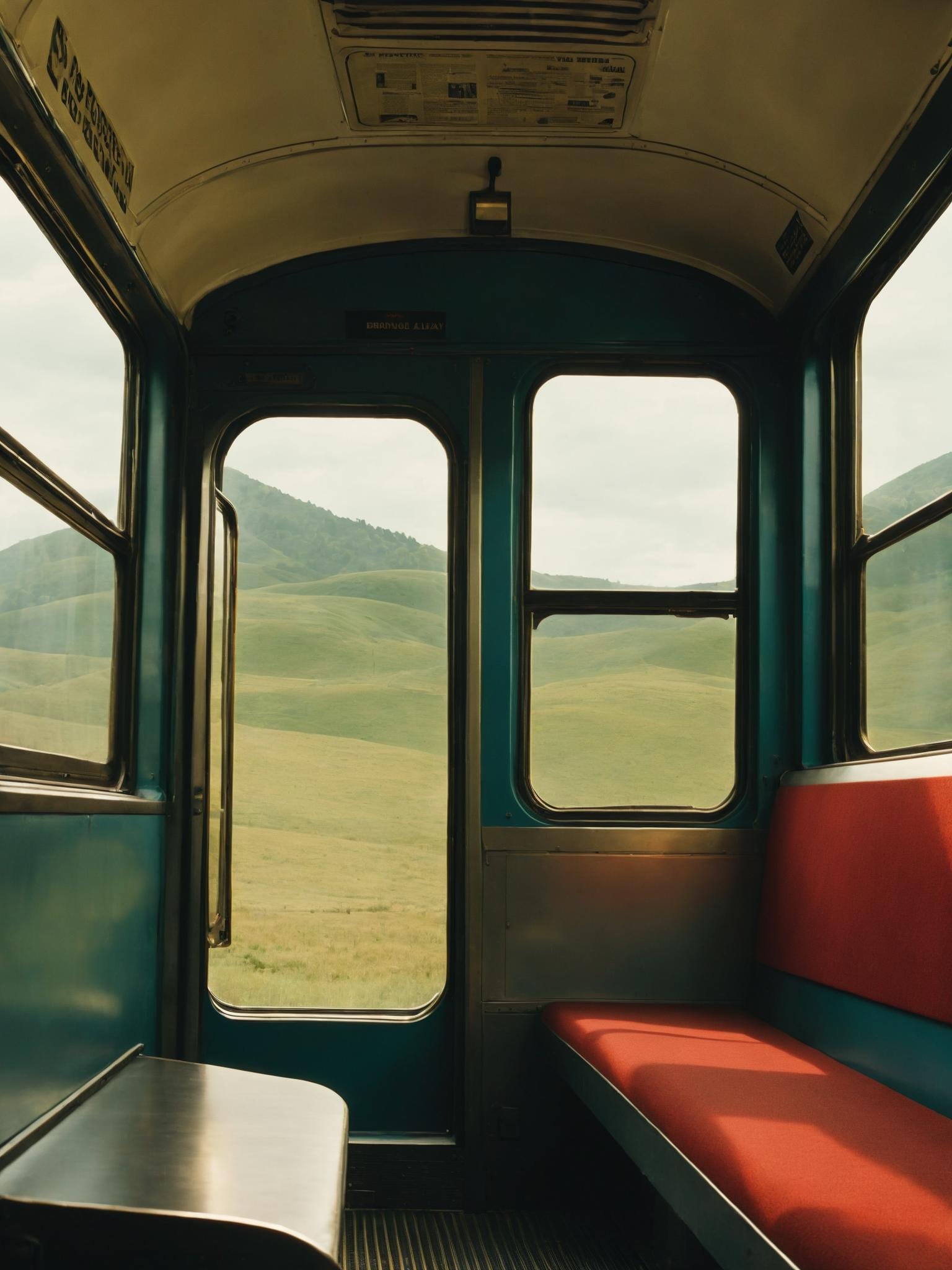 a train car with benches and windows , indoors, no humans, window, scenery, bench, seat ,scene from a Detective fiction     movie , cinematic , Pedro Almodóvar, Bruno Delbonnel , <lora:Movie_aesthetic_XL:1>