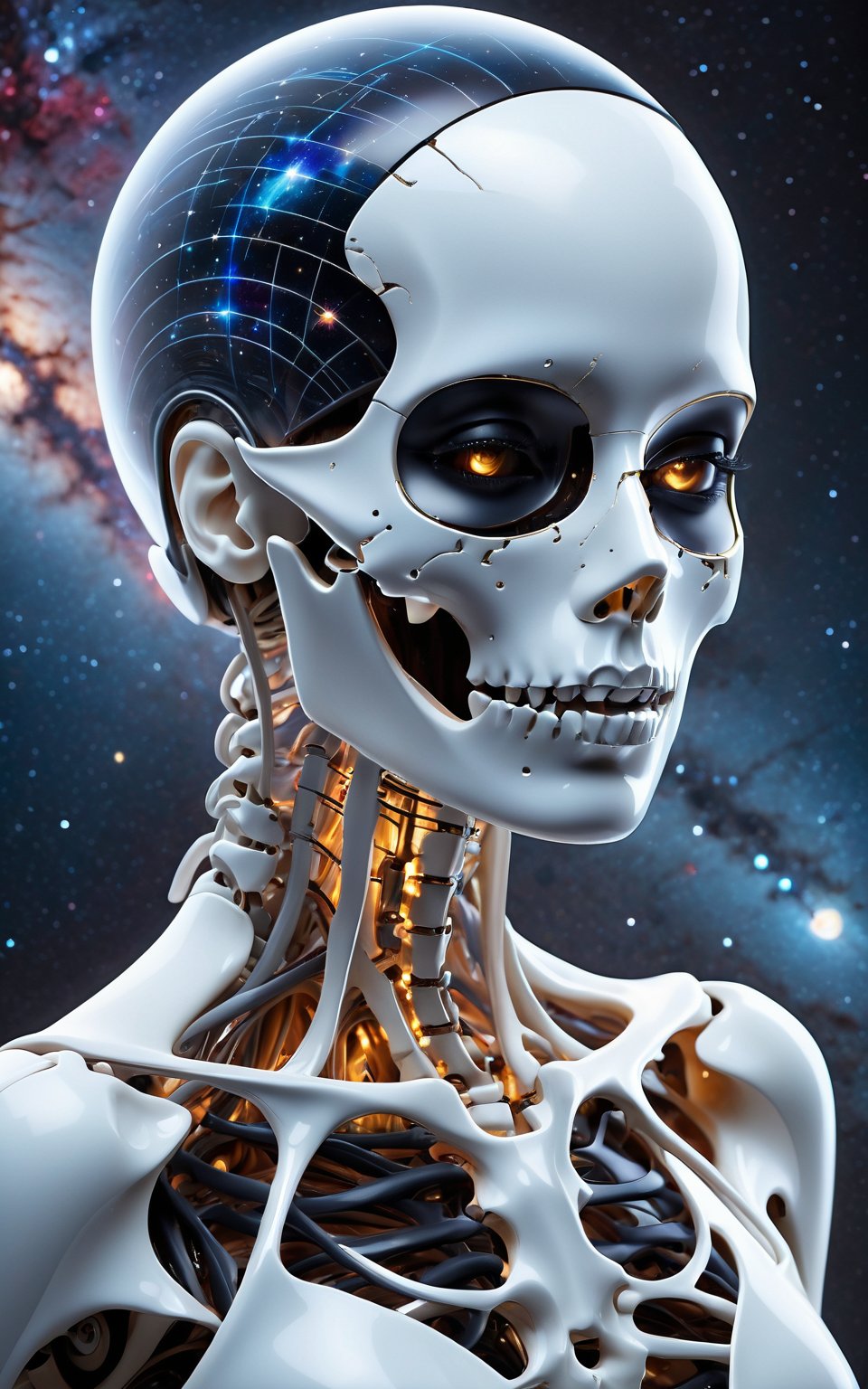 (best quality,8K,highres,masterpiece), ultra-detailed, featuring a woman with her face obscured by a grey square, set against a cosmic, star-filled background. The woman appears to be wearing or integrated with an intricate skeletal structure that is white and somewhat luminescent. The cosmic backdrop bathes the scene in a mesmerizing array of stars and galaxies, creating a sense of vastness and wonder. The obscured face adds an air of mystery and intrigue, inviting viewers to ponder the hidden depths of the character's identity. Meanwhile, the intricate skeletal structure adds a touch of ethereal beauty and symbolism, hinting at themes of mortality, transformation, and the interconnectedness of all things. This artwork is a captivating exploration of the human form amidst the cosmic expanse, blending elements of mystery, beauty, and cosmic wonder<lora:Detail_Enhancer_v1.5:2>