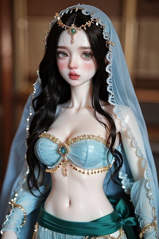 1girl, solo, long hair, breasts, looking at viewer, black hair, navel, jewelry, green eyes, collarbone, midriff, lips, see-through, gem, veil, circlet, realistic, arabian clothes, mouth veil, EpicDoll, doll<lora:EpicDoll:0.8>