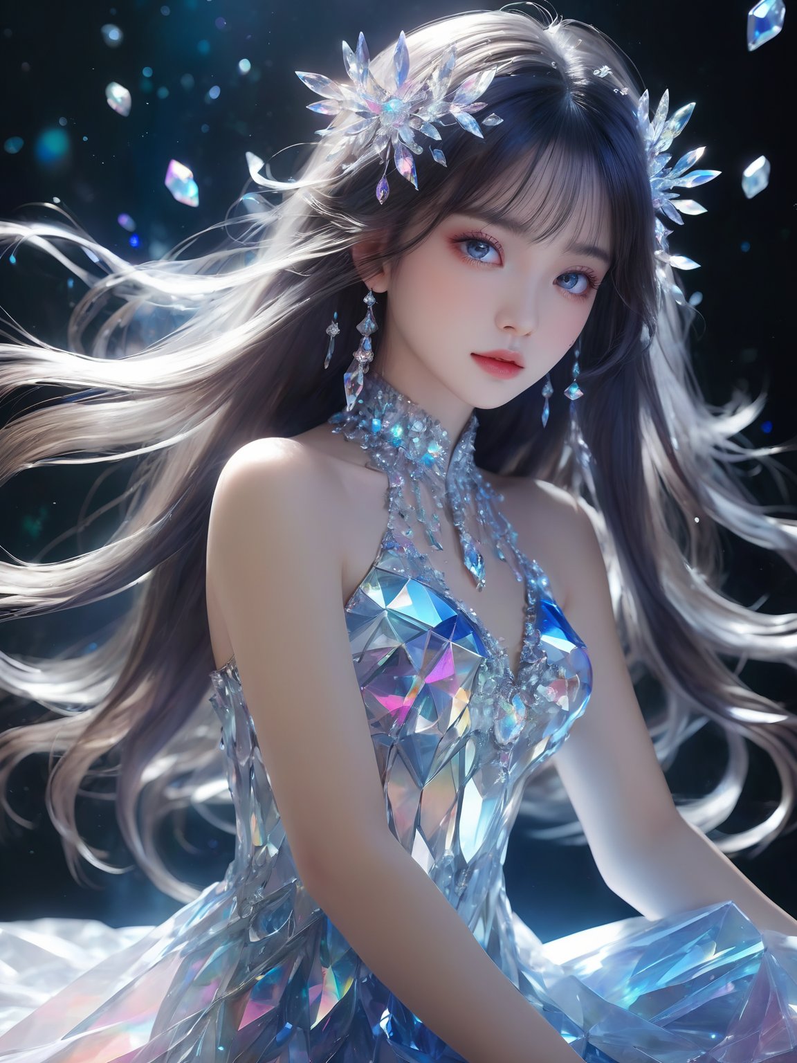masterpiece,best quality,masterpiece,best quality,official art,extremely detailed CG unity 16k wallpaper,masterpiece,((1girl)),(science fiction:1.1),(ultra-detailed crystallization:1.5),(crystallizing girl:1.5),kaleidoscope,((iridescent:1.5) long hair),(glittering silver eyes),sitting,surrounded by colorful crystals,blue skin,(skin fusion with crystal:1.8),looking up,face focus,simple dress,transparent crystals,flat dark background,lens flare,prism,