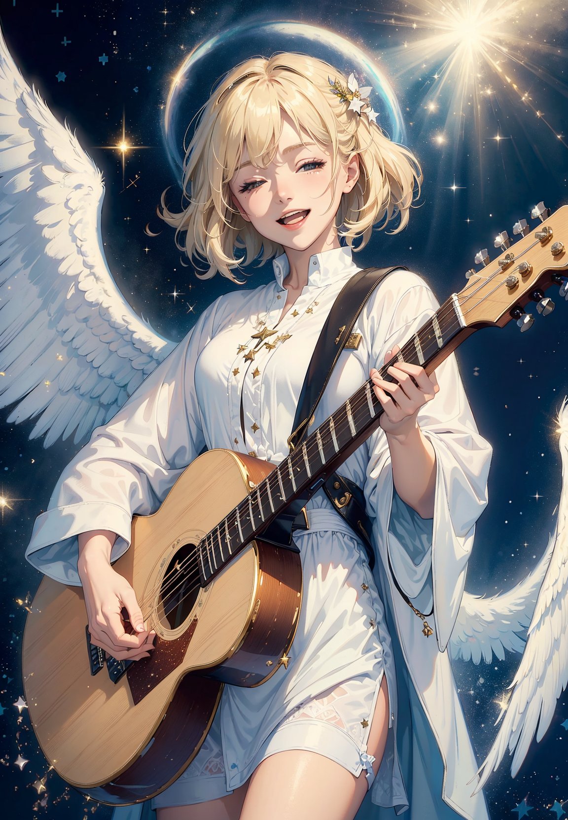 (best quality, masterpiece:1.2),1angel,solo,in the sky,playing a guitar,white wings,blond hair,smiling,looking down at viewer,open mouth,heavenly light,stars in background,white robe,long sleeves,flowing,peaceful expression,1girl