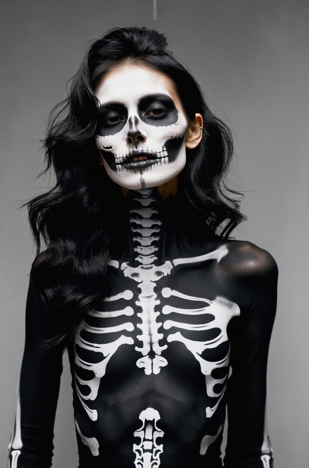 film grain texture,analog photography aesthetic,A woman with skeletal makeup, high-fashion portrait style, striking skull face paint emulating a skeleton, detailed black and white makeup covering face and neck, illusion of a skeletal structure, black hollows around the eyes, nose, and mouth evoking eye sockets and nasal cavity, shaded collarbones and vertebrae mimicking an x-ray effect, matte black attire blending with body art, minimalist backdrop enhancing makeup artistry, gothic-inspired aesthetic, somber yet dynamic expression, light skin tone contrasting with dark makeup, wavy tousled hair adding texture, artistic tribute to Day of the Dead or similar cultural celebrations.,