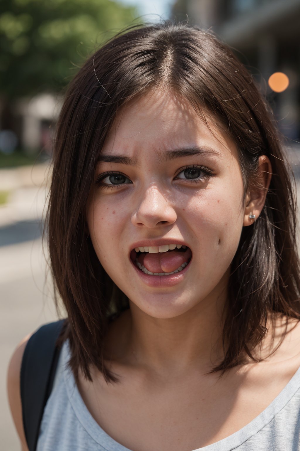 photo of a 18 year old girl, screaming, facing viewer,ray tracing,detail shadow,shot on Fujifilm X-T4,85mm f1.2,depth of field, realistic,