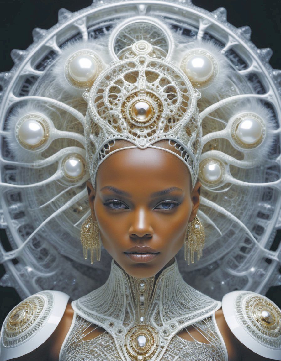complex 3d,hyper detailed,ultrasharp,beautiful biomechanical afro female cyborg portrait with a porcelain profile face,natural soft rim light,aztec warrior,tattoos,boho floral stems big leaves,white large pore fungi,huge white translucent dandelion yellow hibiscus,sinuous fractal mandalbrot fractal mesh wires,diamonds,filigree foliage lace,alexander mcqueen high fashion haute couture,nouveau fashion embroidered,pearl earring,intricate details,mandelbrot fractal,white background,anatomical,facial muscles,cable wires,translucent microchip,hyper realistic,ultra detailed,octane,h. r. giger style,volumetric lighting,8k post - production,HRGigerAI <lora:HRGigerAIp:0.8>,<lora:add-detail-xl:1.6>,by diegocr,<lora:f412glassXL:0.7>,c1bo <lora:just_another_Cyborg_LoRa_SDXL-000009:0.6>