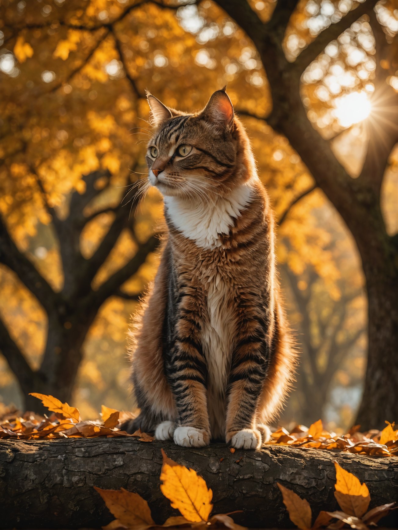photo of a Cat poised gracefully atop an ancient oak tree, autumn leaves fluttering around, golden hour casting long shadows, backlit, sharp focus on feline, bokeh effect on background foliage, cinematic film still.