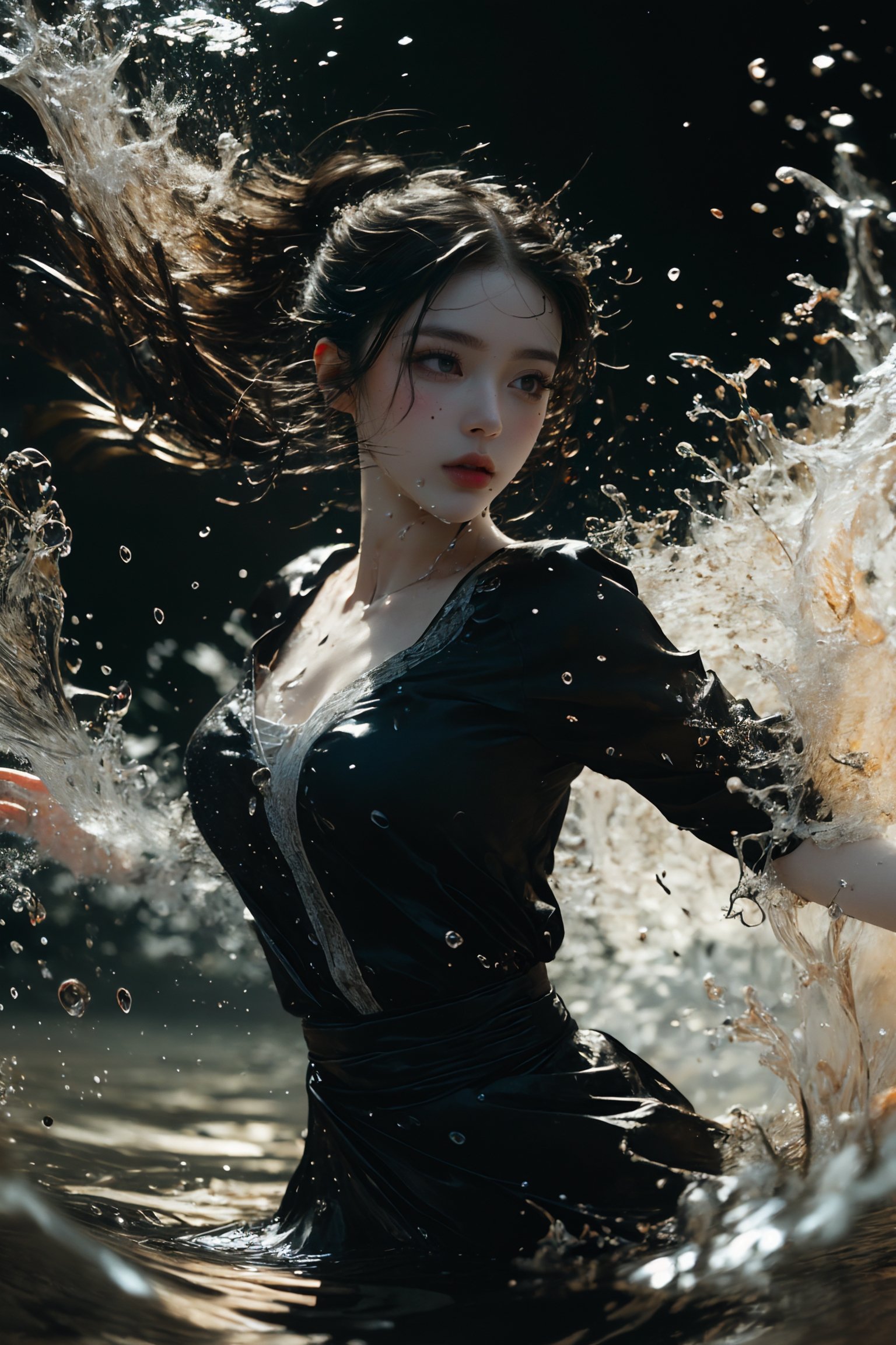 ultra high resolution, ((masterpiece))), (((best quality))), ((super detailed)),  ((extremely delicate and beautiful)),cinematic light, detailed environment，(real), motion blur, depth of field, Black background，1 girl,solo,(splashing:1.3),<lora:绪儿-武侠V3 xuer martial arts:0.8>