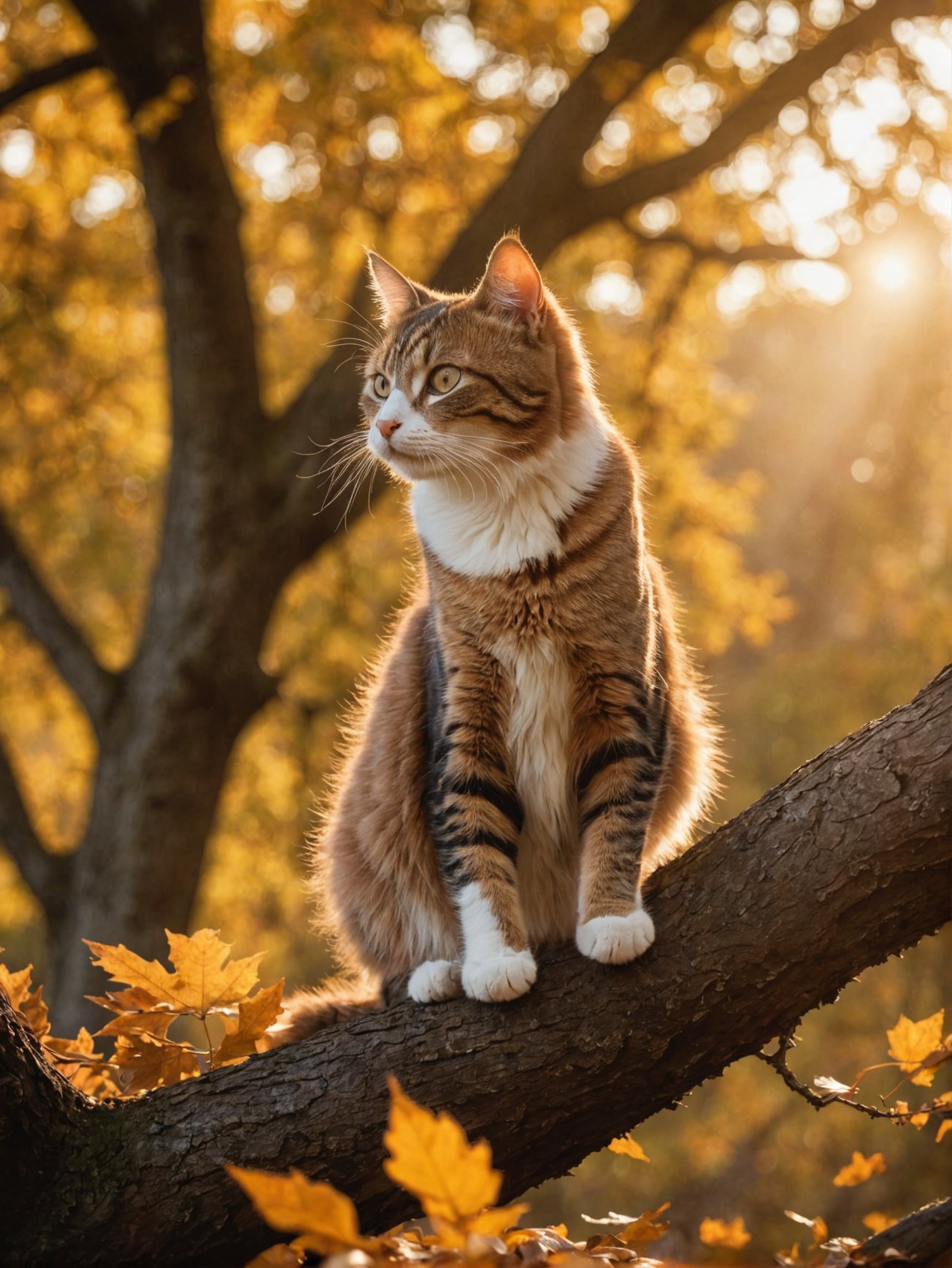 photo of a Cat poised gracefully atop an ancient oak tree, autumn leaves fluttering around, golden hour casting long shadows, backlit, sharp focus on feline, bokeh effect on background foliage, cinematic film still,