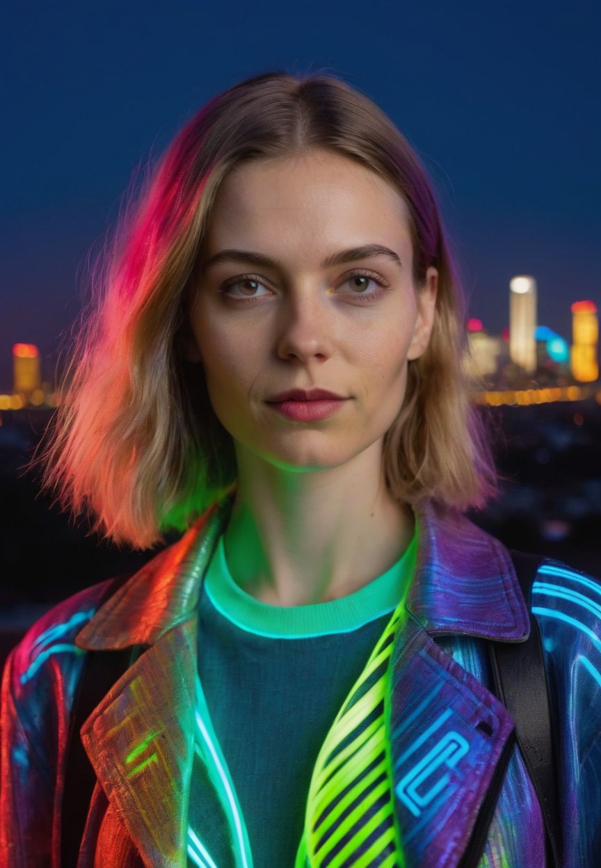 a 20 years old  woman in a colorful outfit posing for a picture in front of a city skyline at night with a neon light, Alex Grey, colorful, a hologram, neo-fauvism