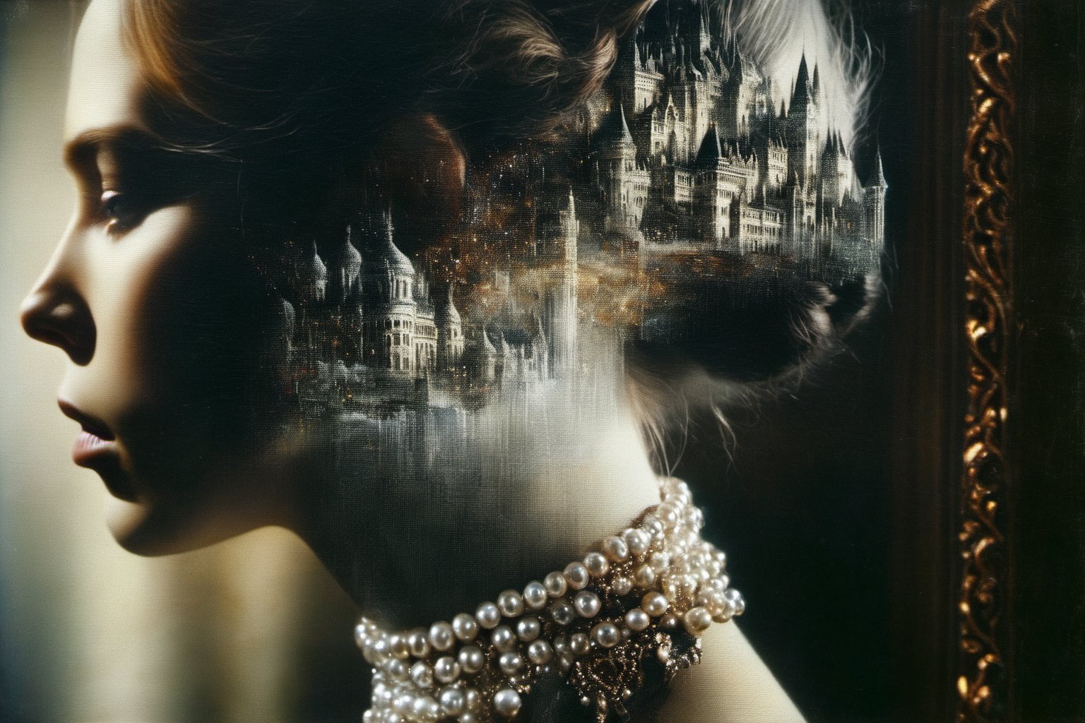 a 4D Double Exposure: portrait of a ((transparent woman with a double exposure castle city in her head)), in renaissance attire castle backdrop, oil painting, 3/4 profile view,  ornate pearl necklaces, sumptuous fabrics, detailed embroidery, moody chiaroscuro lighting, high-resolution