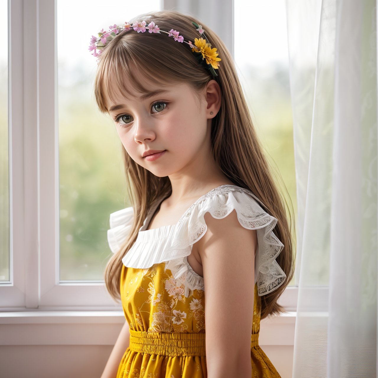 SFW, HD quality, HD, HQ, 4K, looking at viewer, portrait of innocent (AIDA_LoRA_HanF:1.16) <lora:AIDA_LoRA_HanF:0.91> in a dress with flower pattern and with a black bow posing for a picture in front of window, window covered with yellow curtains, backlight, young lady, pretty face, naughty, cinematic, studio photo, kkw-ph1, hdr, f1.5, getty images