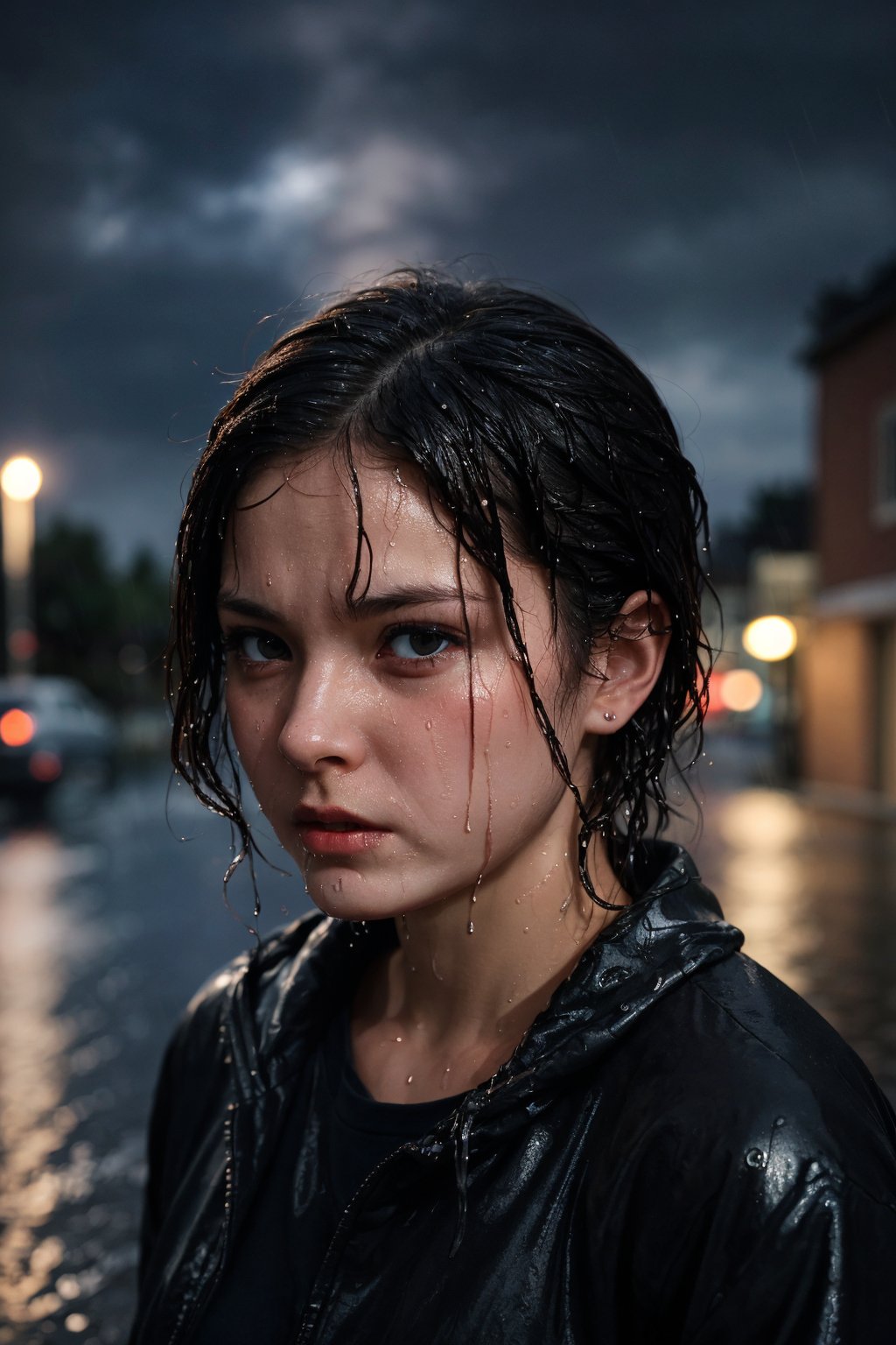 (dynamic angle:1.1), (cute face:1.2), dark sky, (nighttime:1.2), (rainy weather:1.2), photo of angry girl in the street, looking to the side, (wet hair), volumetric light, masterpiece, 8k, (best quality:1.3), (intricate details:1.1), subsurface scattering, ultrarealistic,