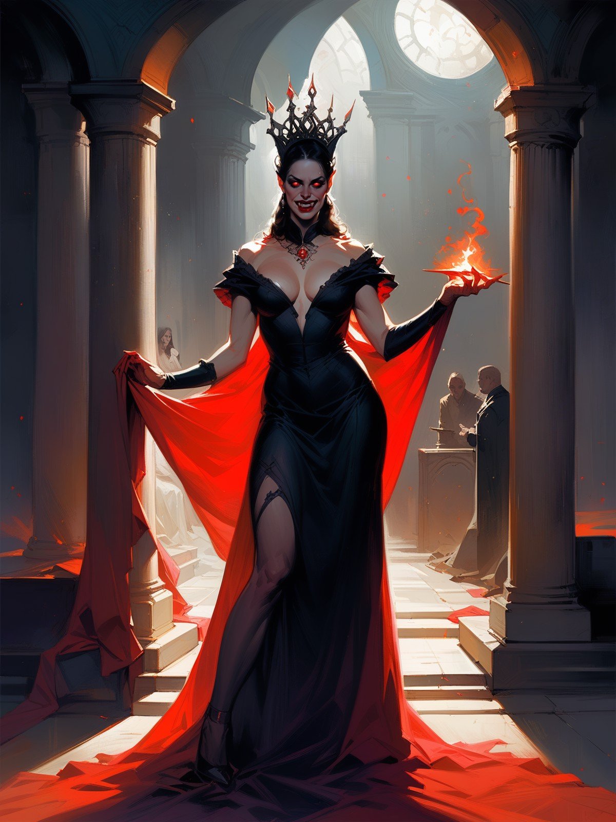 score_8_up, score_7_up, beautiful vampire queen woman standing in dark, black hair, ornate dress, no pupils, no sclera, red lips, fangs, castle indoors, moonlight, particles, night, dark scene, realistic, painting style