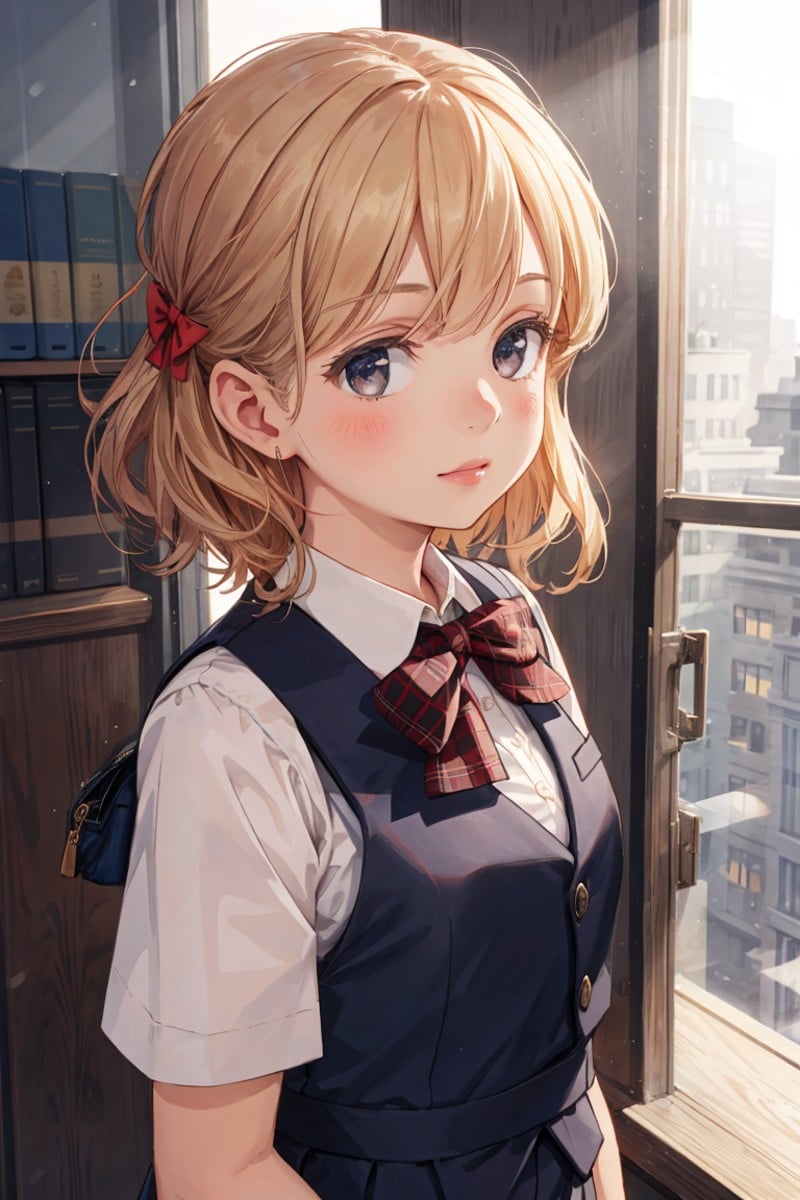 1girl, matured female, vest, bow, photo, realistic, best quality, hires, detailed face, office, buildings from window, detailed background, diffused sunlight, depth of field, bokeh,<lora:detail:0.4>
