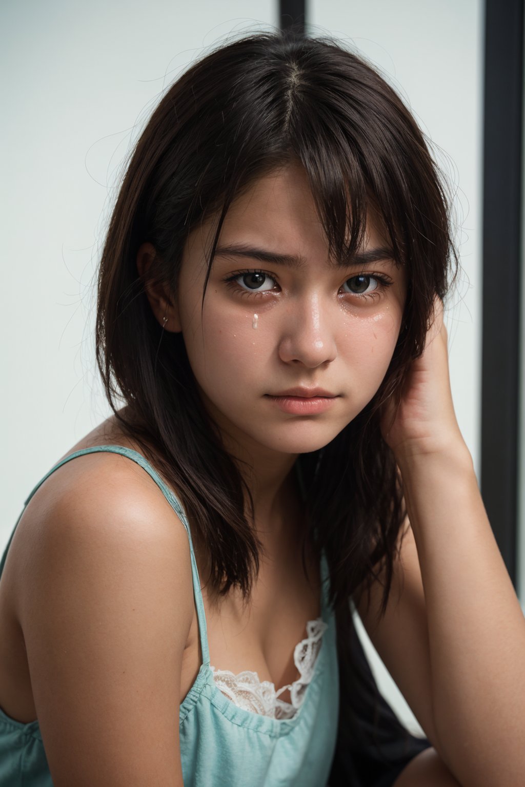 photo of a 18 year old girl, sad,tears, facing viewer,ray tracing,detail shadow,shot on Fujifilm X-T4,85mm f1.2,depth of field, realistic,