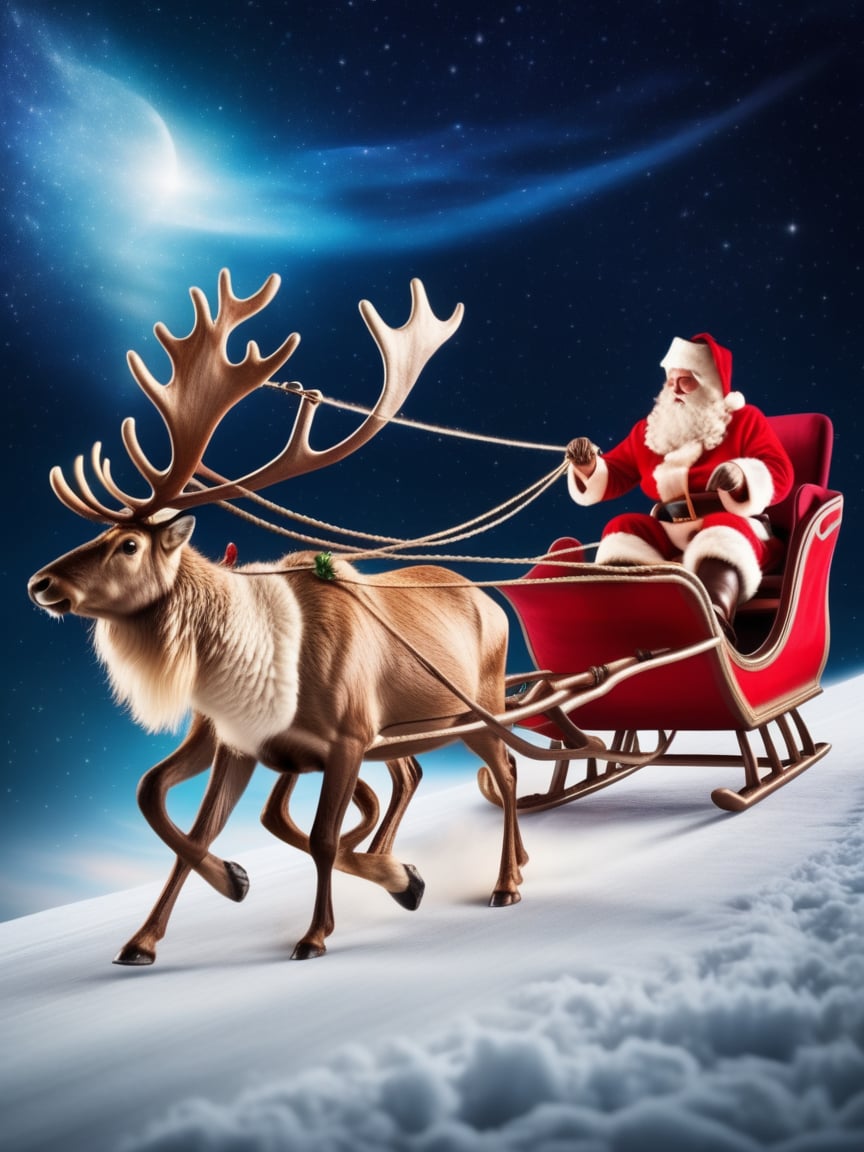 A sleigh pulled by reindeer flies through the night sky, carrying Santa Claus on his journey around the world., realistic, best quality