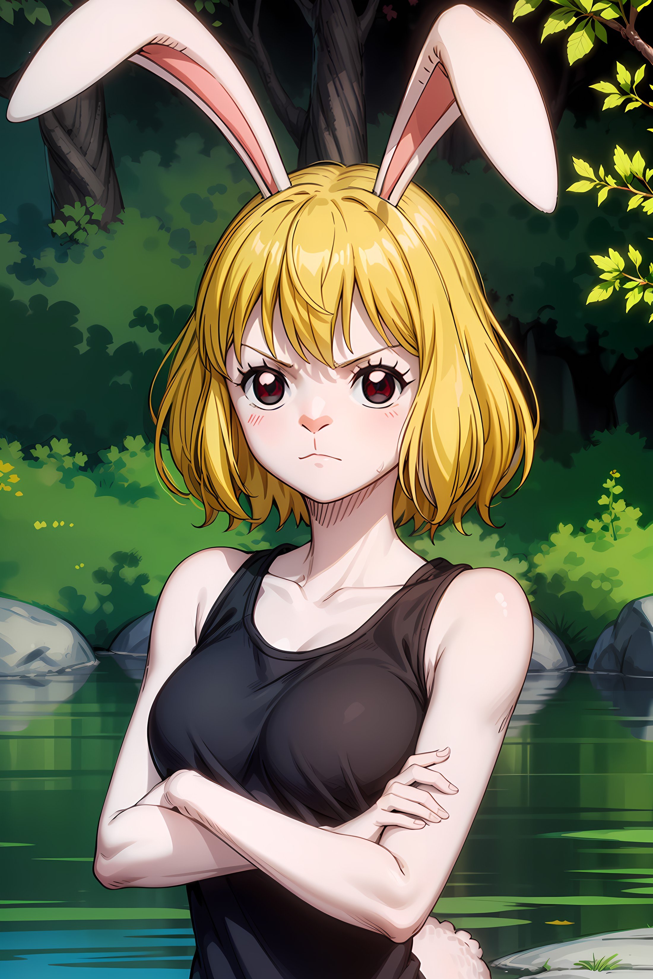 <lora:garchuc4rr0t-09:0.85> garchuc4rr0t, rabbit ears, furry, (1girl,  solo:1.5), small breasts, upper body, arms crossed, sunshine, shadow, outdoors, black t-shirt, sleeveless, looking at viewer, cinematic, blurred background, lakes in the background,  <lora:add_detail:0.6>