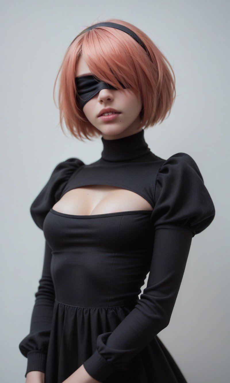 score_9, score_8_up, score_7_up, score_9, score_8_up, score_7_up, best quality, masterpiece,realistic,1girl, solo, blindfold, yorha no. 2 type b, black blindfold, upper body, puffy sleeves, dress, short hair, pink hair, black dress, juliet sleeves, hairband, breasts, cleavage cutout, long sleeves, parted lips, turtleneck, clothing cutout, black hairband, medium breasts, covered eyes, mole under mouth, mole, lips, pink lips, nose, facing viewer, hair over eyes, teeth score_9, score_8_up, score_7_up, best quality, masterpiece,realistic, raw photo, (18yo redhead girl:1.2), makeup, graphic eyeliner, rouge, (choker:0.9), realistic skin texture, oversize knit sweater, (red:0.8), softcore, warm lighting, cosy atmosphere, instagram style, 