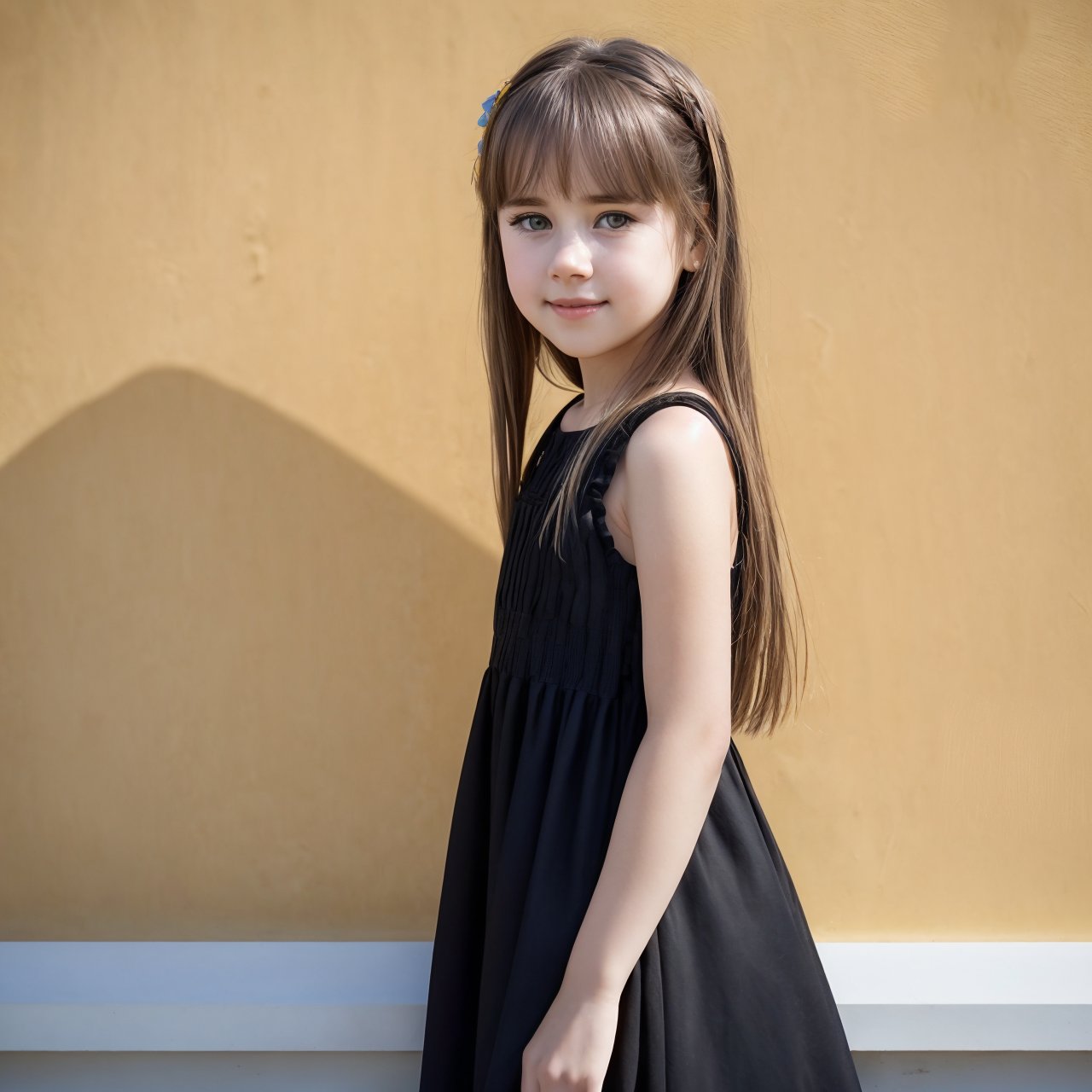 SFW, best quality, looking back, portrait of calm (AIDA_LoRA_HanF:1.25) <lora:AIDA_LoRA_HanF:0.66> wearing a black dress and posing for a picture in front of yellow wall with pattern, leaning on wall, little girl, pretty face, beautiful child, naughty, funny, happy, playful, intimate, flirting with camera, cinematic, studio photo, kkw-ph1, hdr, f1.8 , getty images
